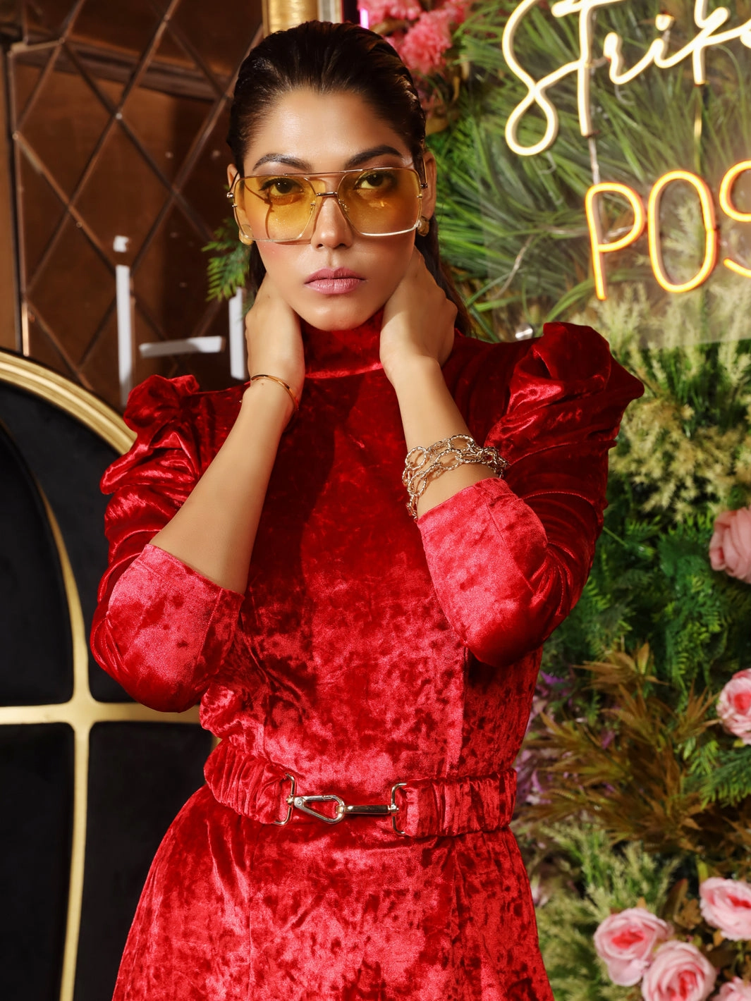 Scalloped-Edge Street Style Power Puff Dress with Belt