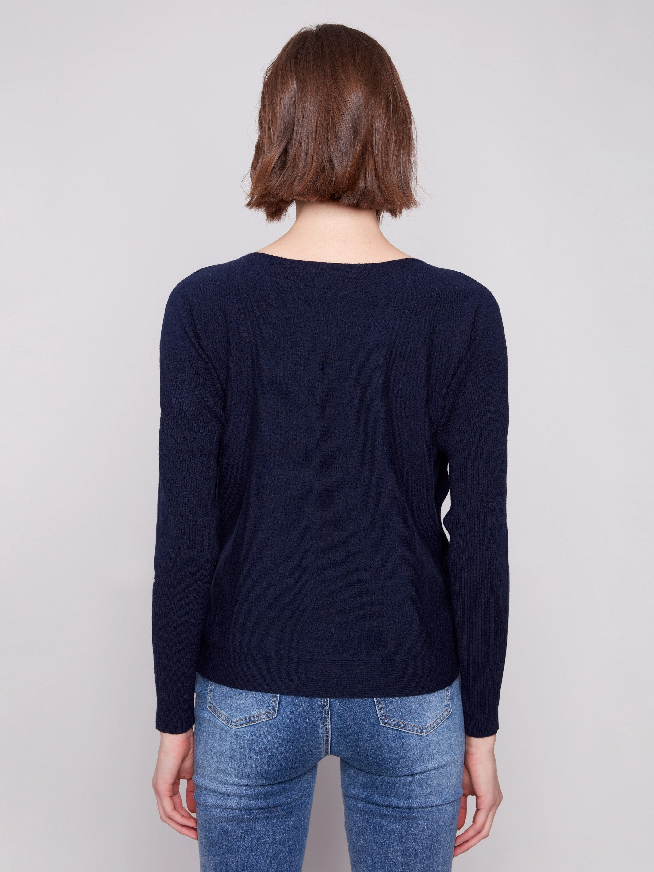 Boat Neck Sweater With Side Buttons - Navy Anti Static Lining Indoor setting