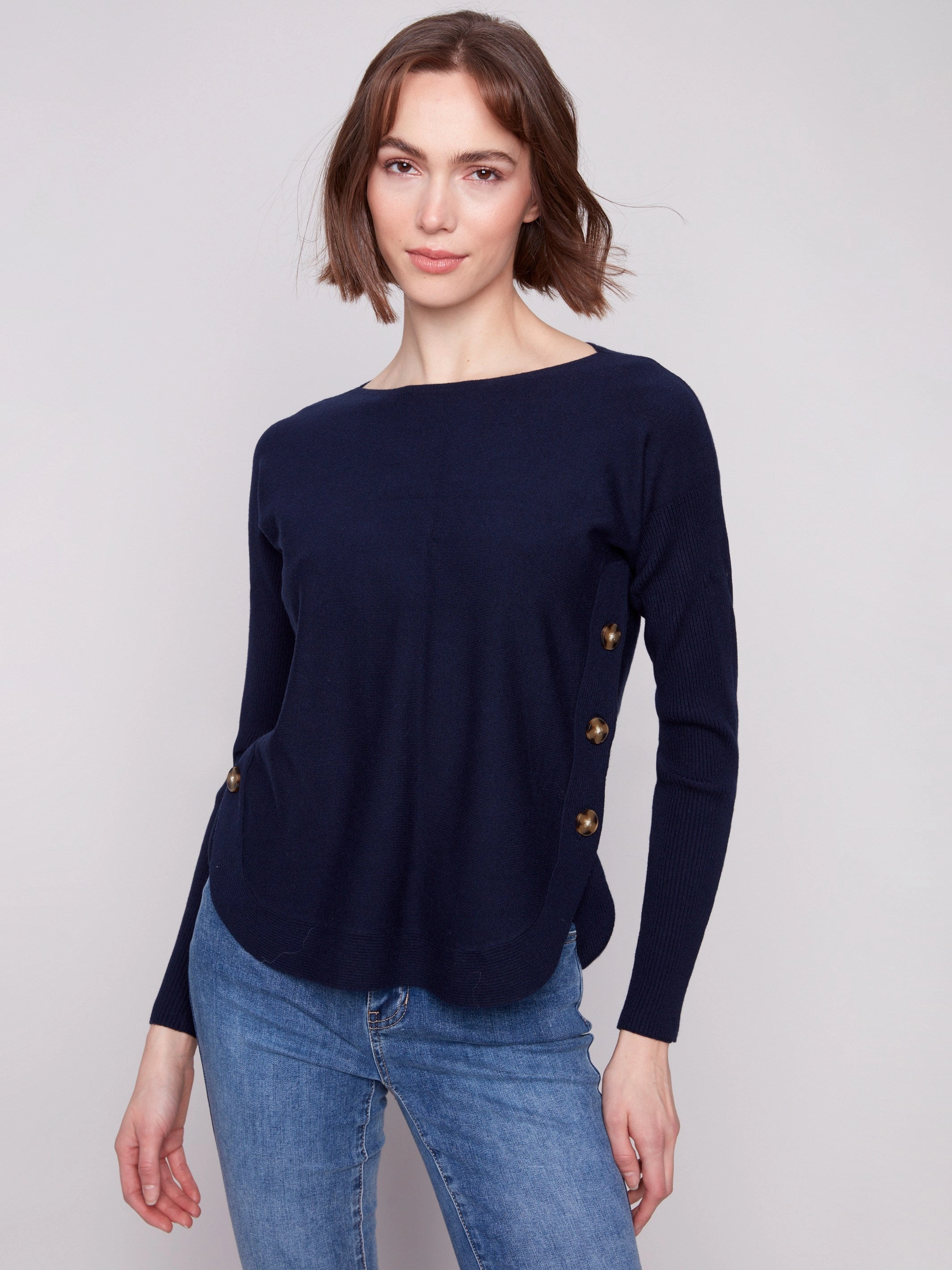 Duvet Boat Neck Sweater With Side Buttons - Navy