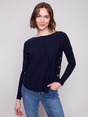 Refurbish medium - quality Boat Neck Sweater With Side Buttons - Navy
