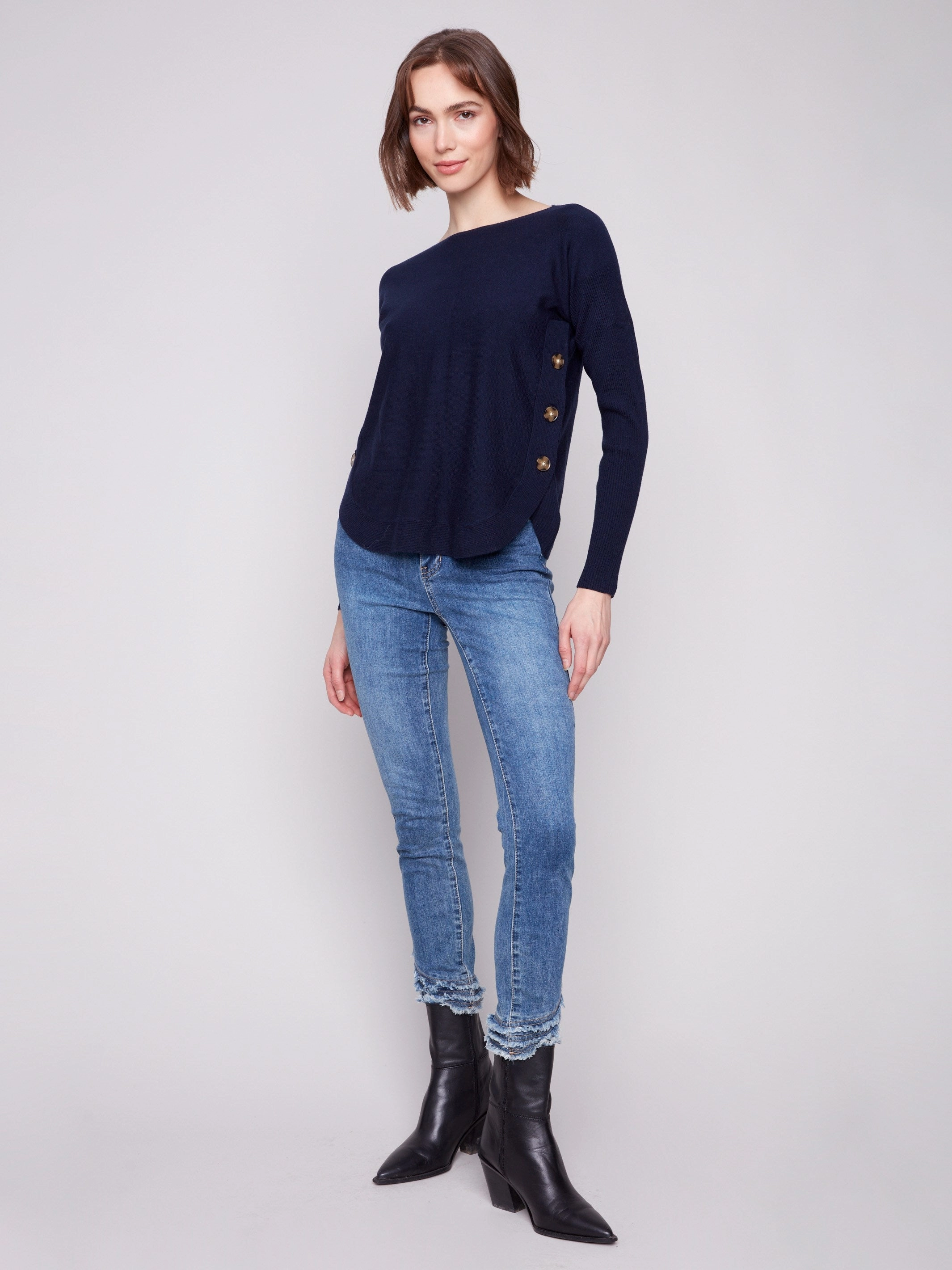 Popular Choice Boat Neck Sweater With Side Buttons - Navy