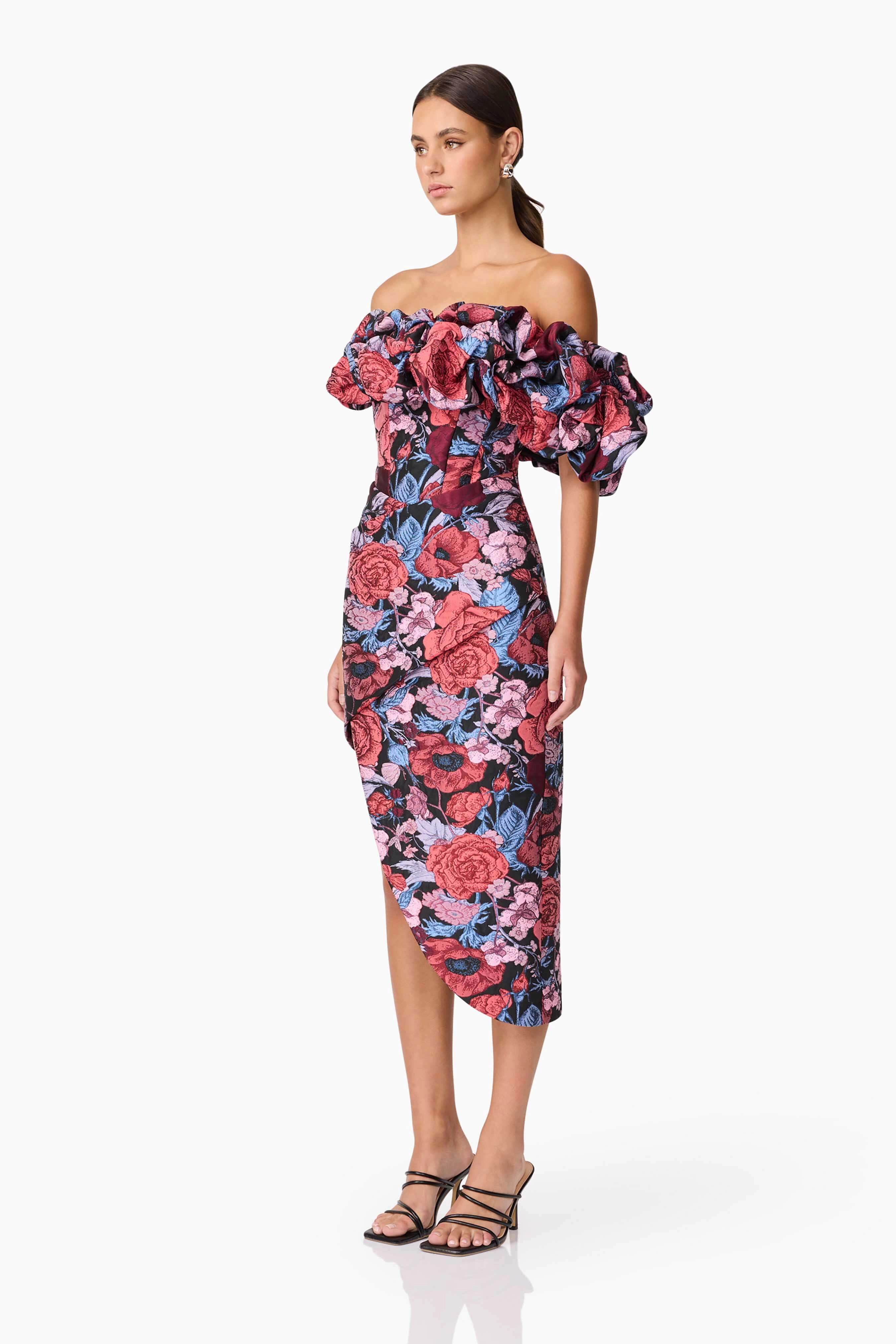 Pure Look Delphine Off The Shoulder Midi Dress in Pink & Back Floral