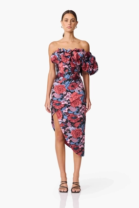 Delphine Off The Shoulder Midi Dress in Pink & Back Floral Understated Charm Smart Waist Design