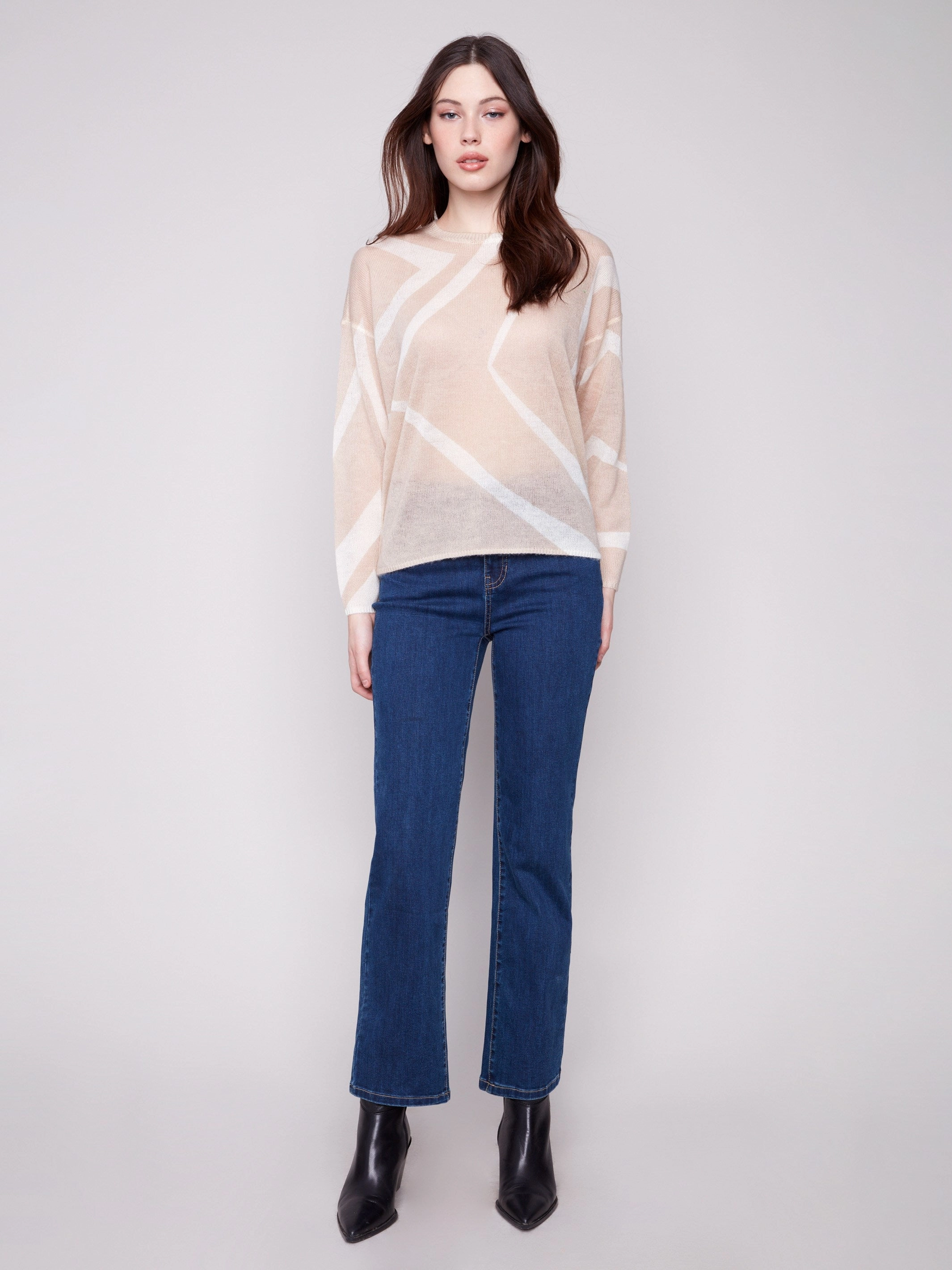 Oversized Printed Lightweight Mohair-Effect Knit Sweater - Sesame & Ecru