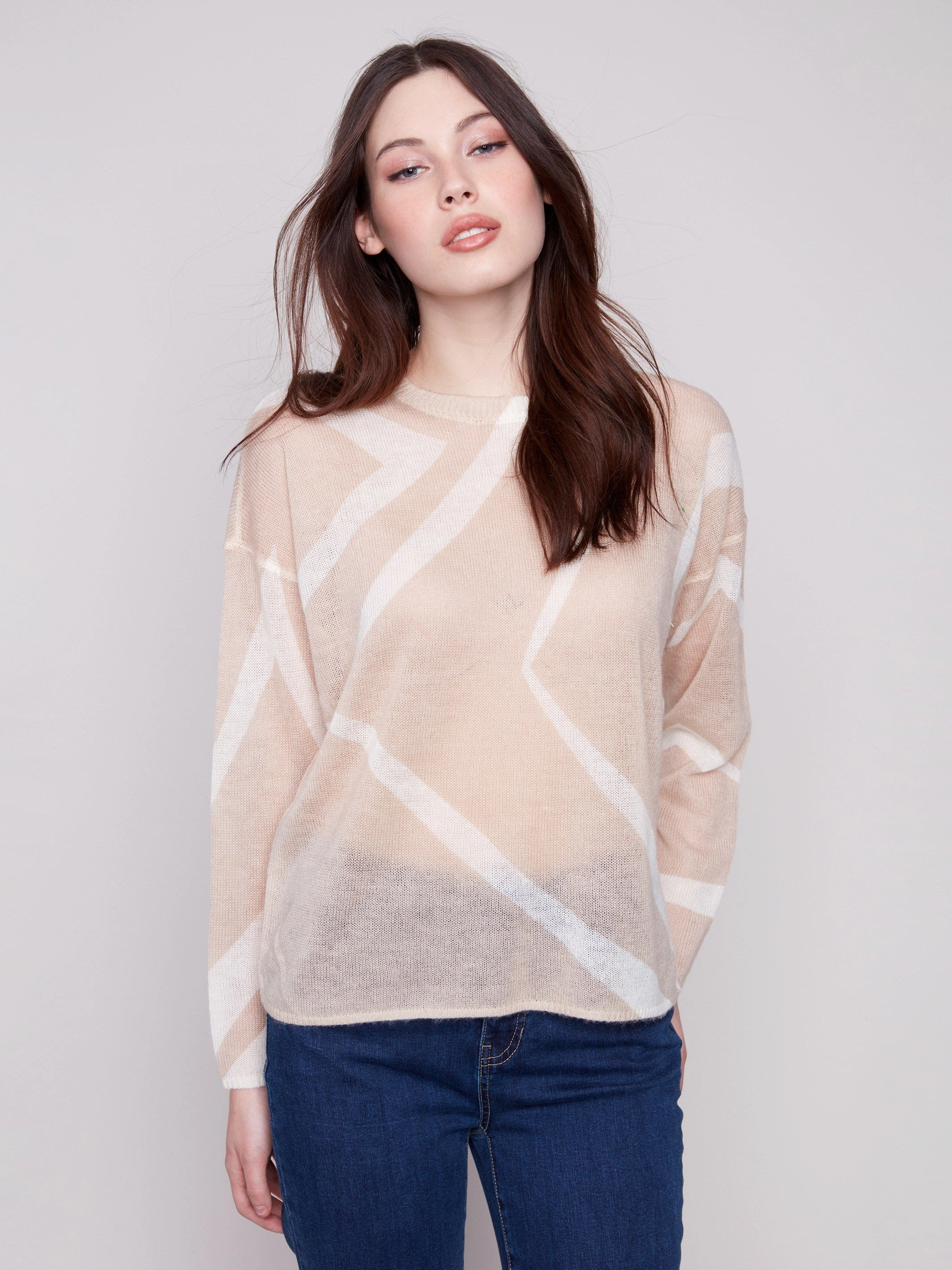 Forest camp Sandaled Printed Lightweight Mohair-Effect Knit Sweater - Sesame & Ecru
