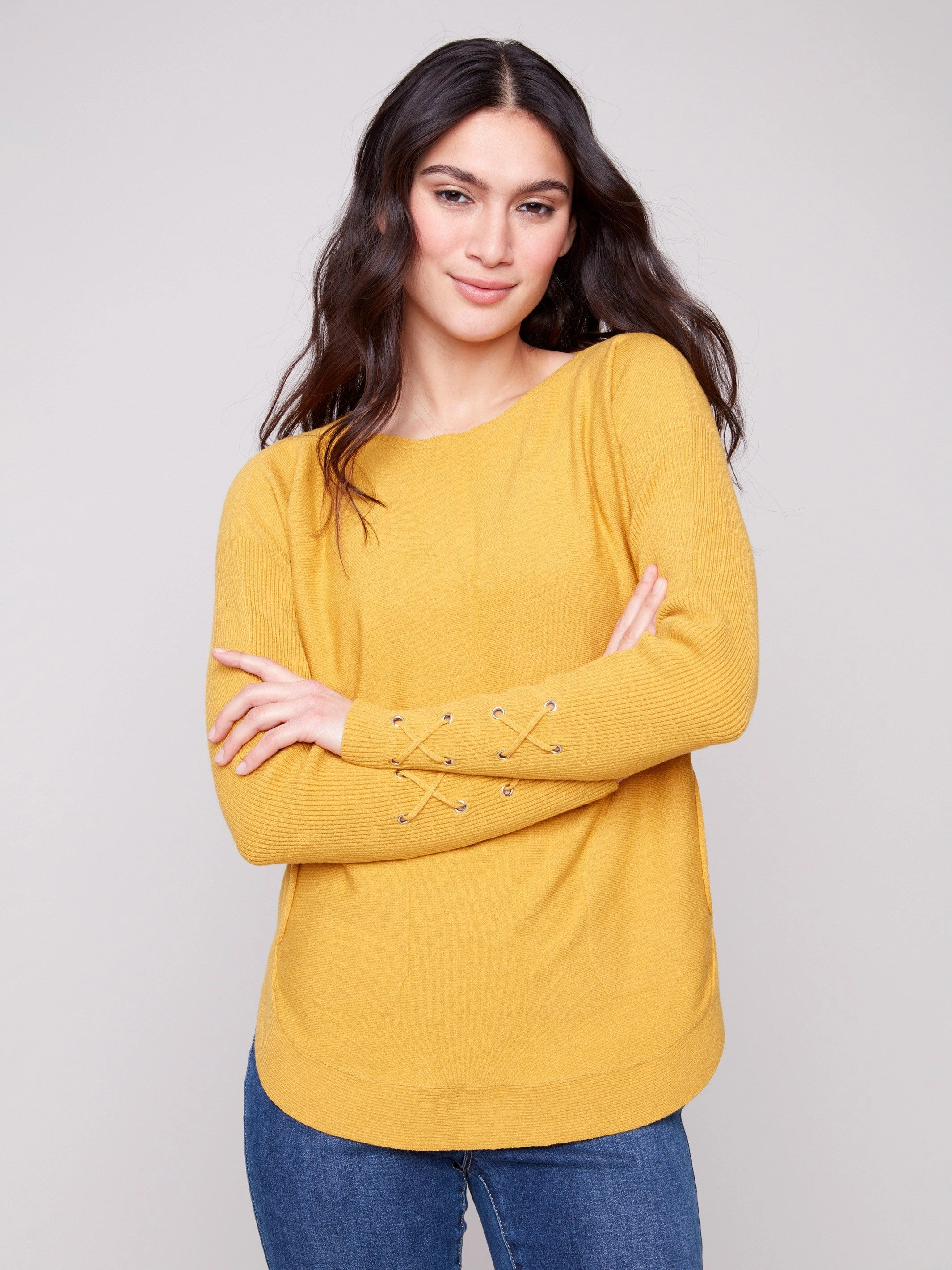 Elastic design Mall Knit Sweater With Lace-Up Cuffs - Honey