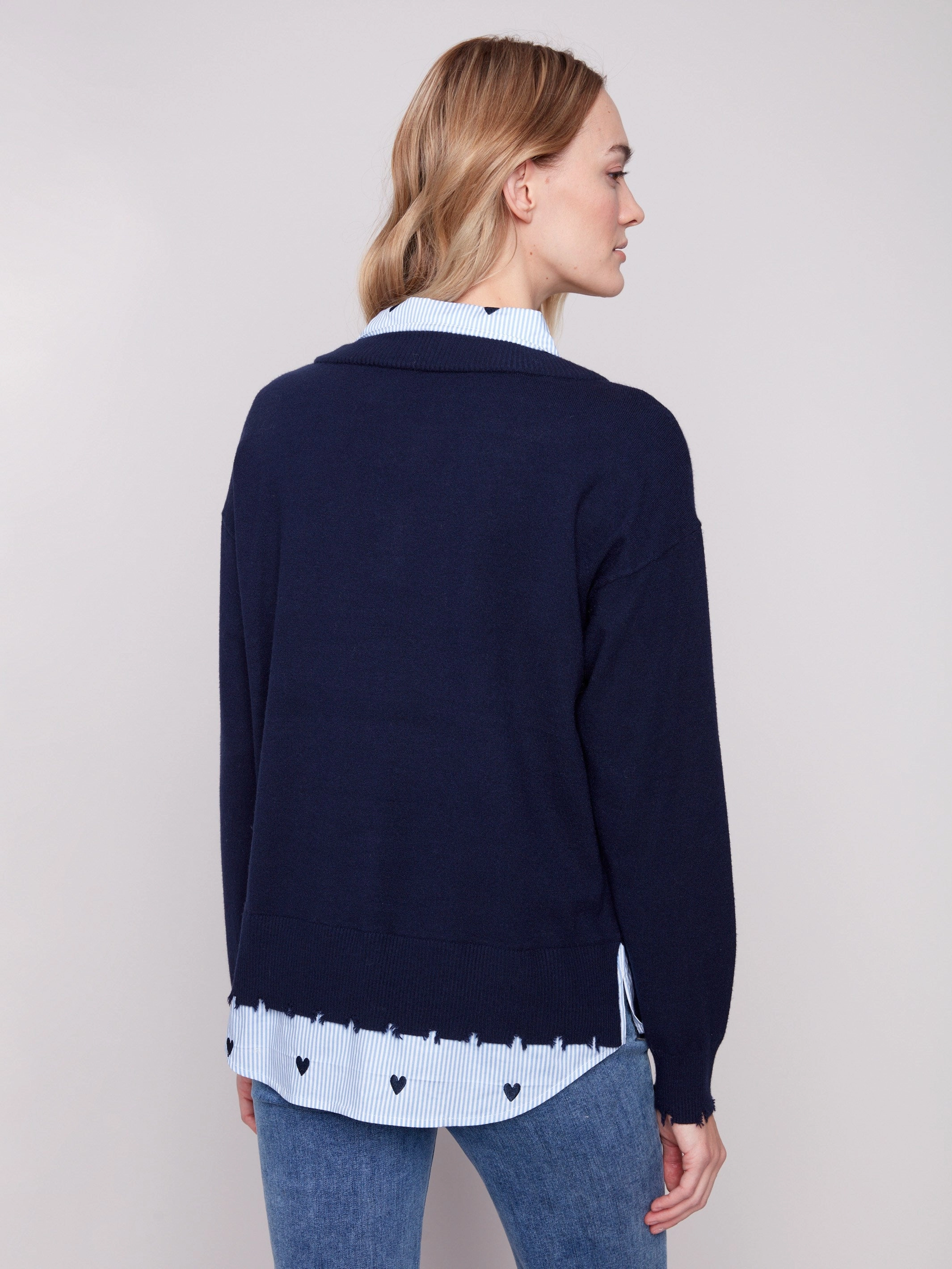 V-Neck Fooler Sweater With Embroidered Shirt Collar - Navy semi - formal Work - wear