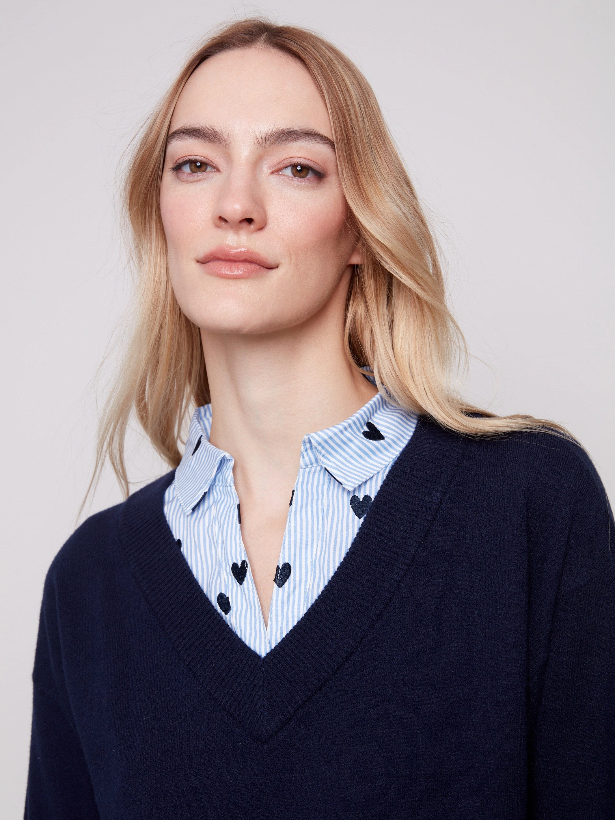 V-Neck Fooler Sweater With Embroidered Shirt Collar - Navy Picnic