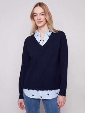 V-Neck Fooler Sweater With Embroidered Shirt Collar - Navy Work - wear