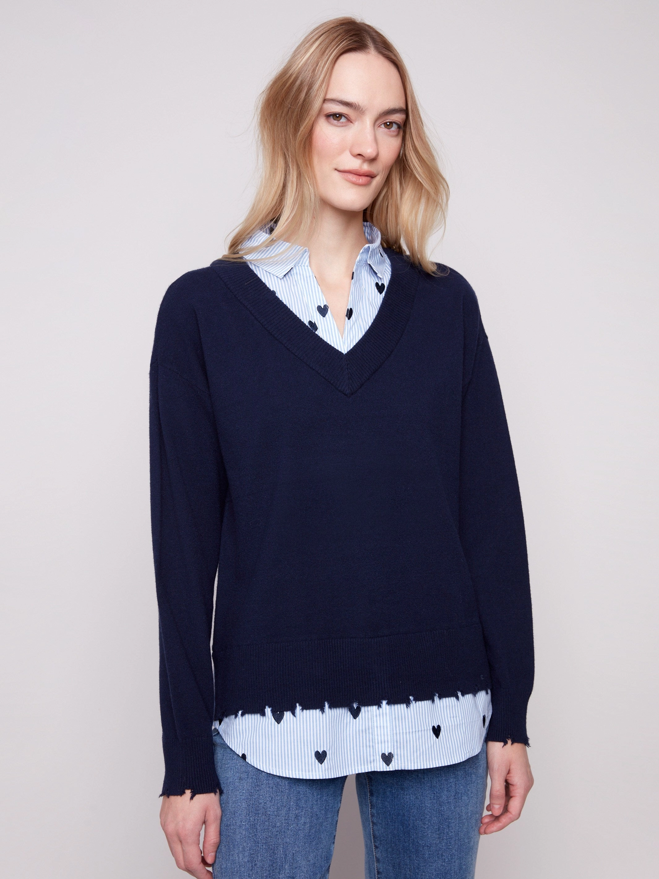 Bracelet V-Neck Fooler Sweater With Embroidered Shirt Collar - Navy
