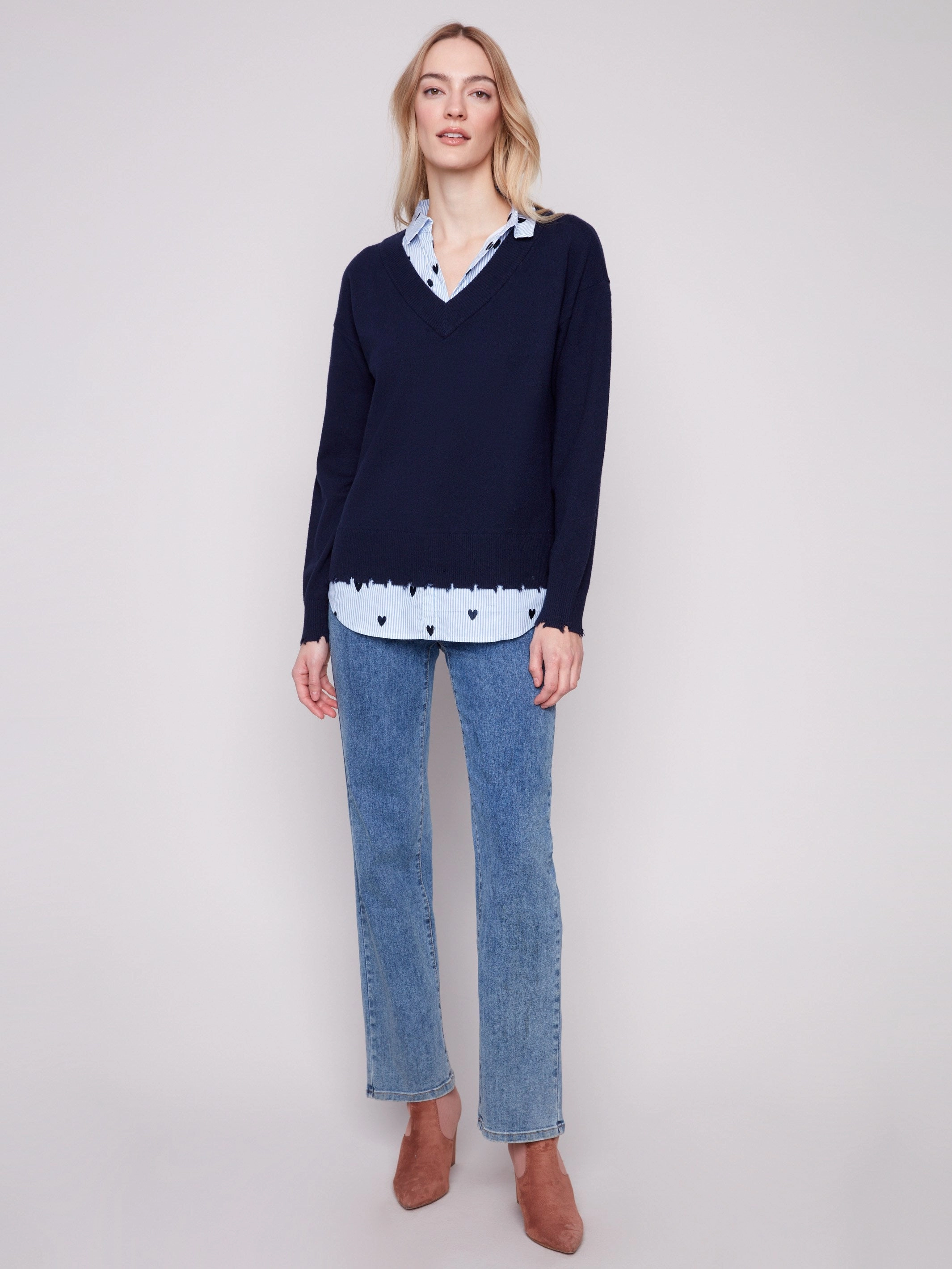 Cozy V-Neck Fooler Sweater With Embroidered Shirt Collar - Navy