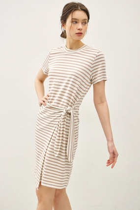 FlexibleCollarDesign Warm Fashion LINEN BLEND STRIPED FAUX WRAP SHORT SLEEVE DRESS