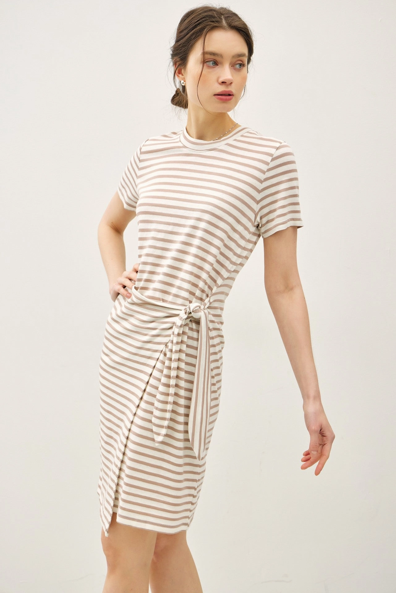 FlexibleCollarDesign Warm Fashion LINEN BLEND STRIPED FAUX WRAP SHORT SLEEVE DRESS