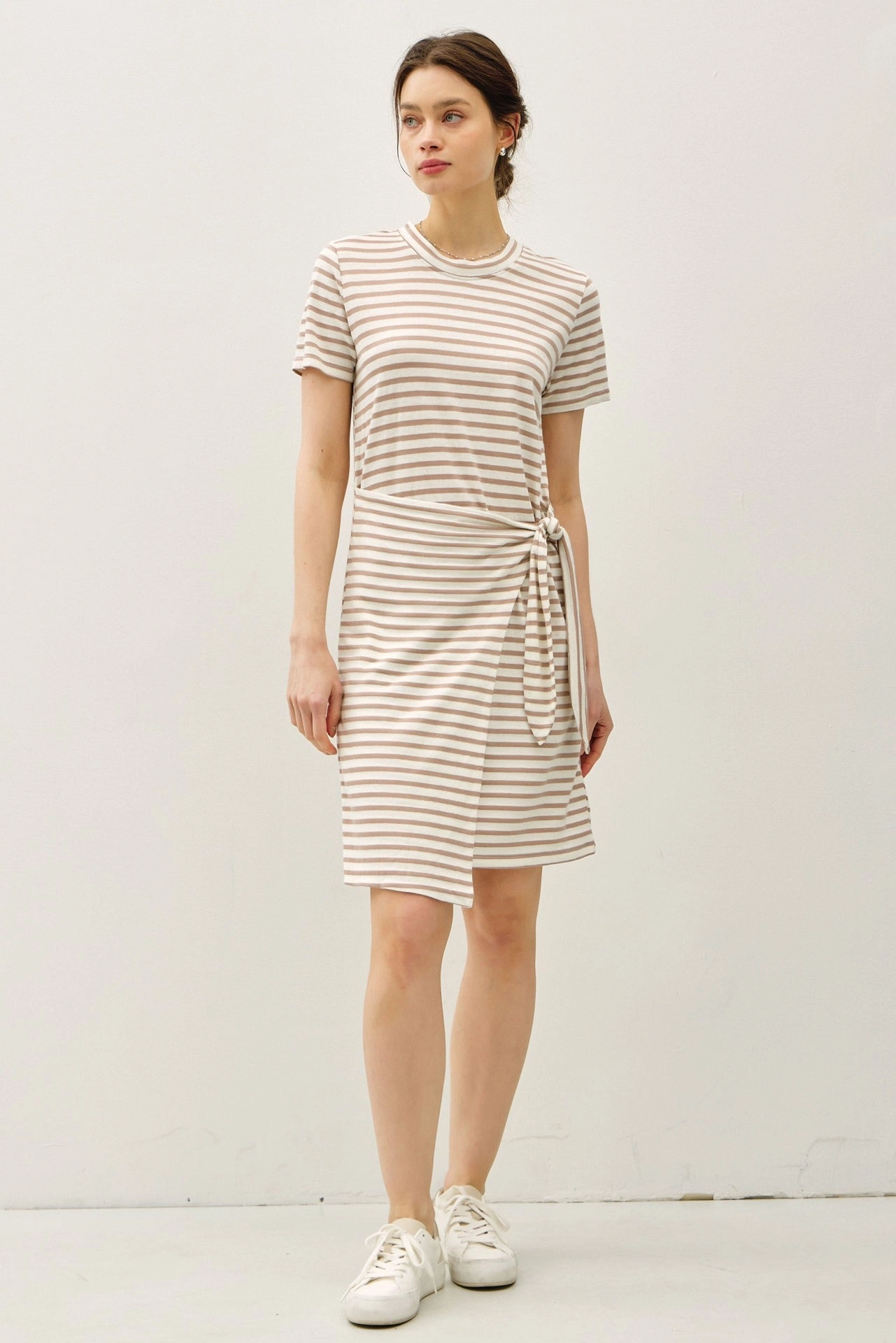 Easy Fit LINEN BLEND STRIPED FAUX WRAP SHORT SLEEVE DRESS
