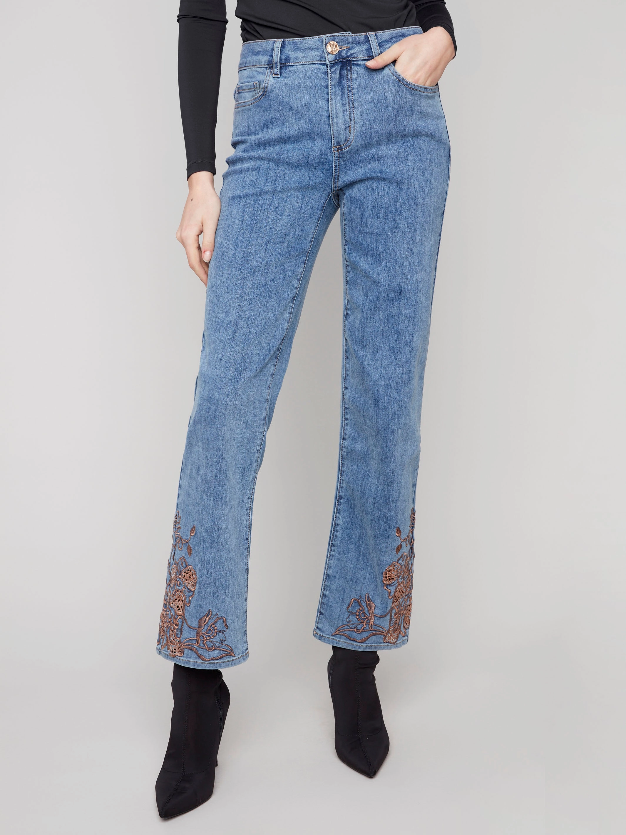 Straight Leg Jeans With Lace Embroidery - Medium Blue Tapered Leg Profile Fresh Look