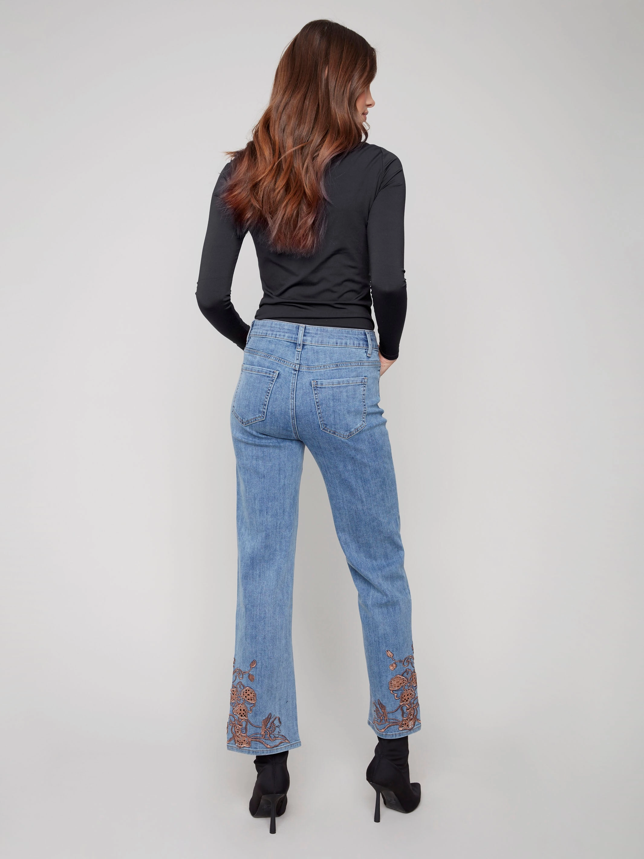 Everyday Basic Chill Mode Straight Leg Jeans With Lace Embroidery - Medium Blue