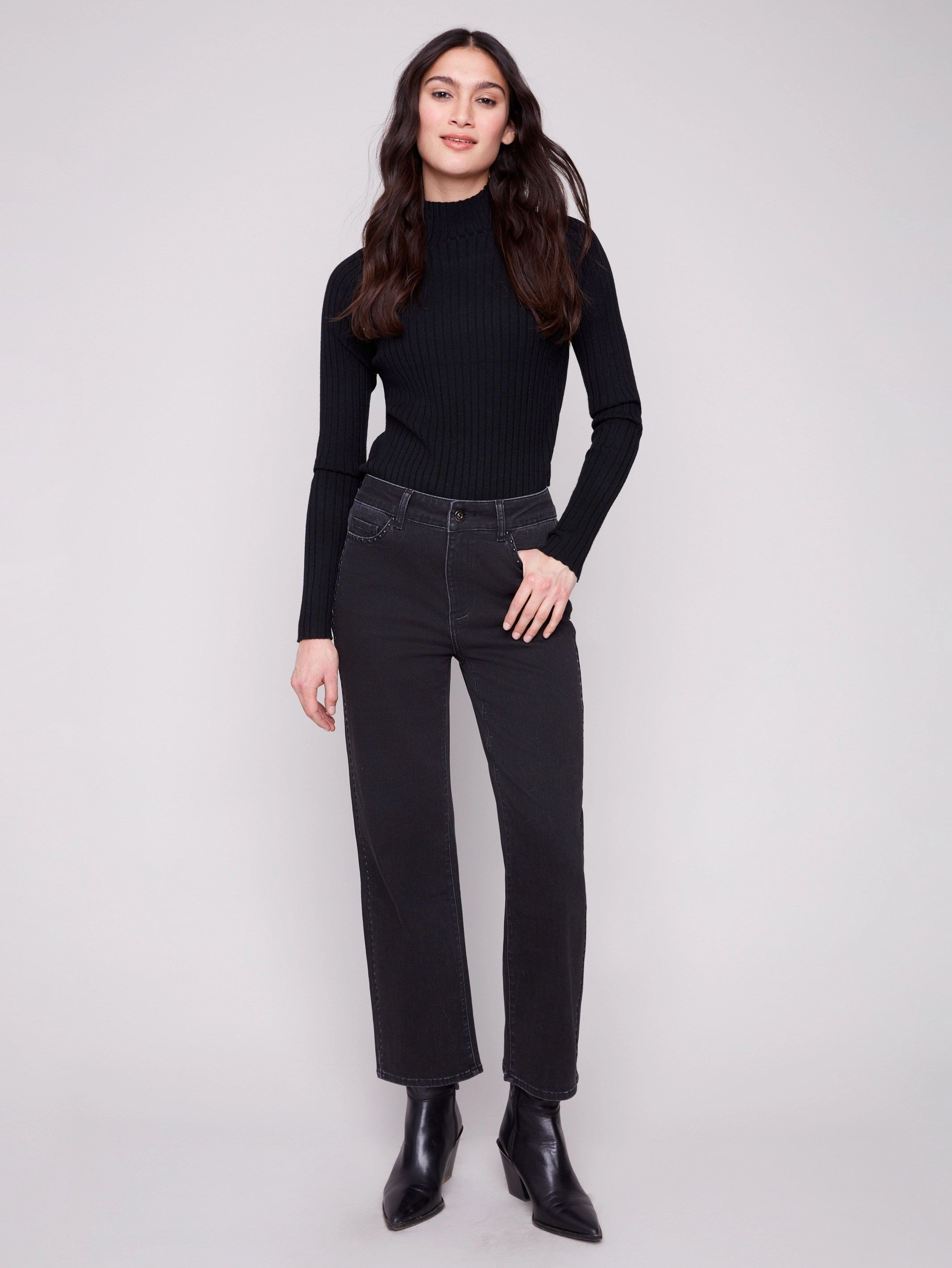 Straight Leg Jeans With Side Studs - Charcoal Chic Style