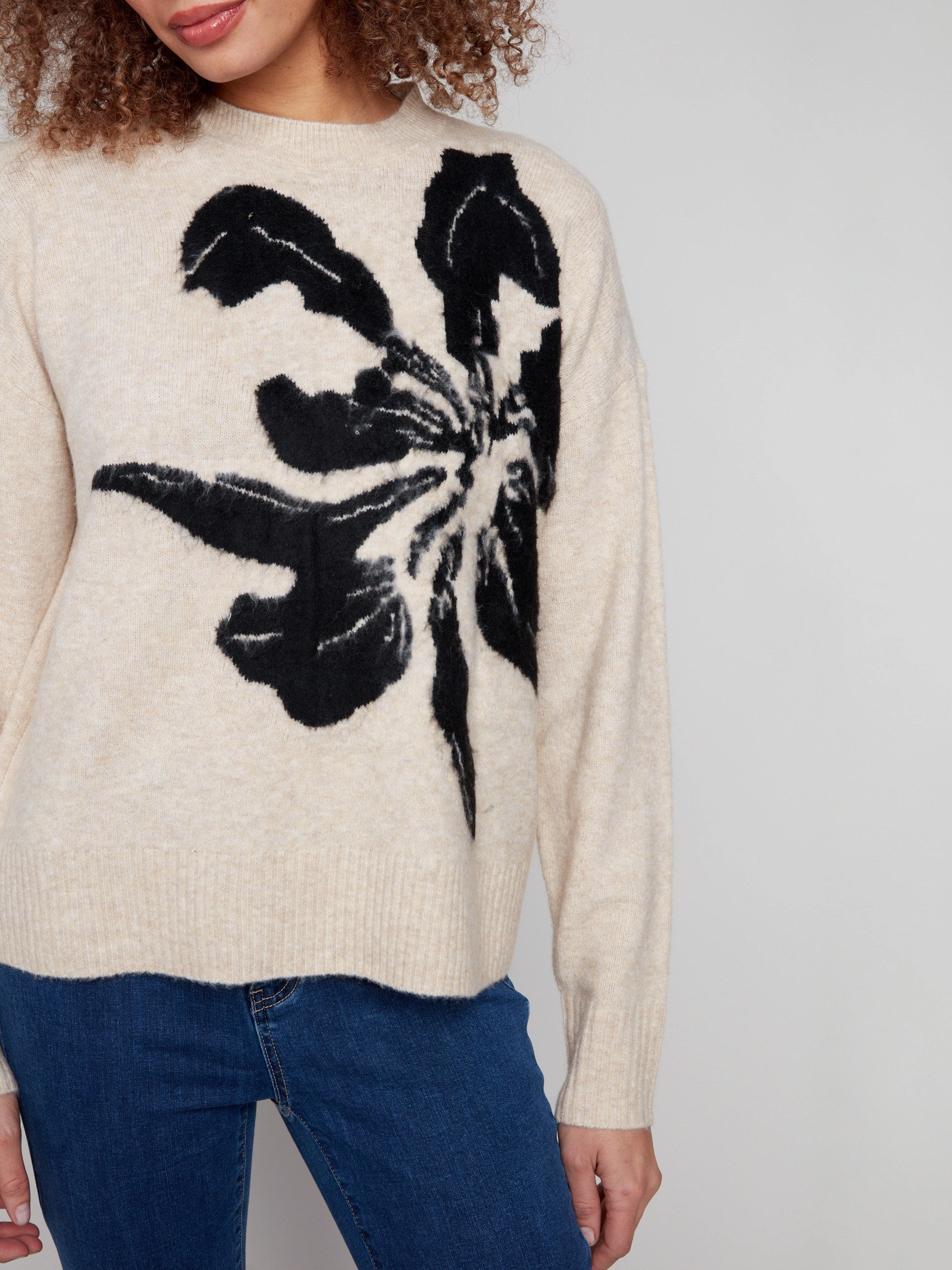 Floral Jacquard Crew Neck Sweater - Flowers Rural area Music related