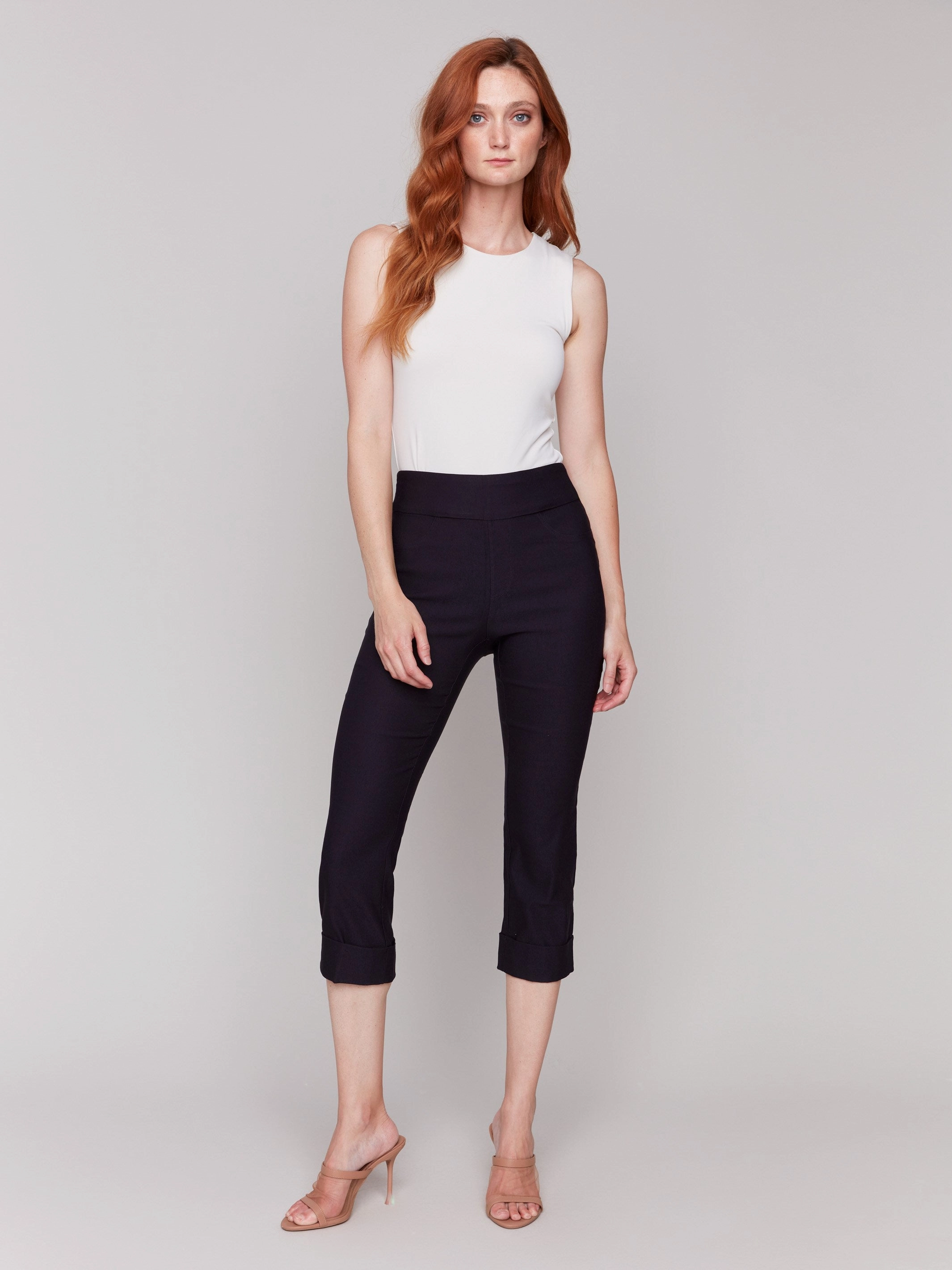 Stretch Pull-On Capri Pants - Black Flat waistband