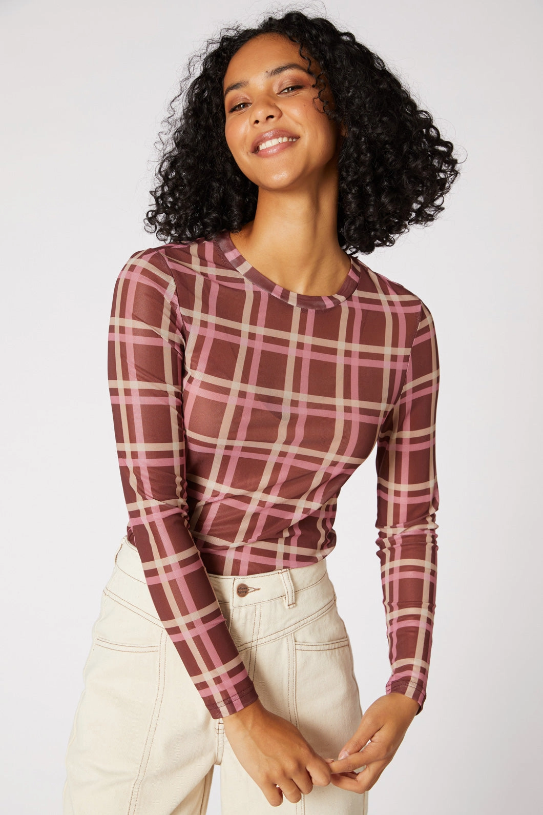 Drop Shoulder Silhouette Gina Check Mesh Top