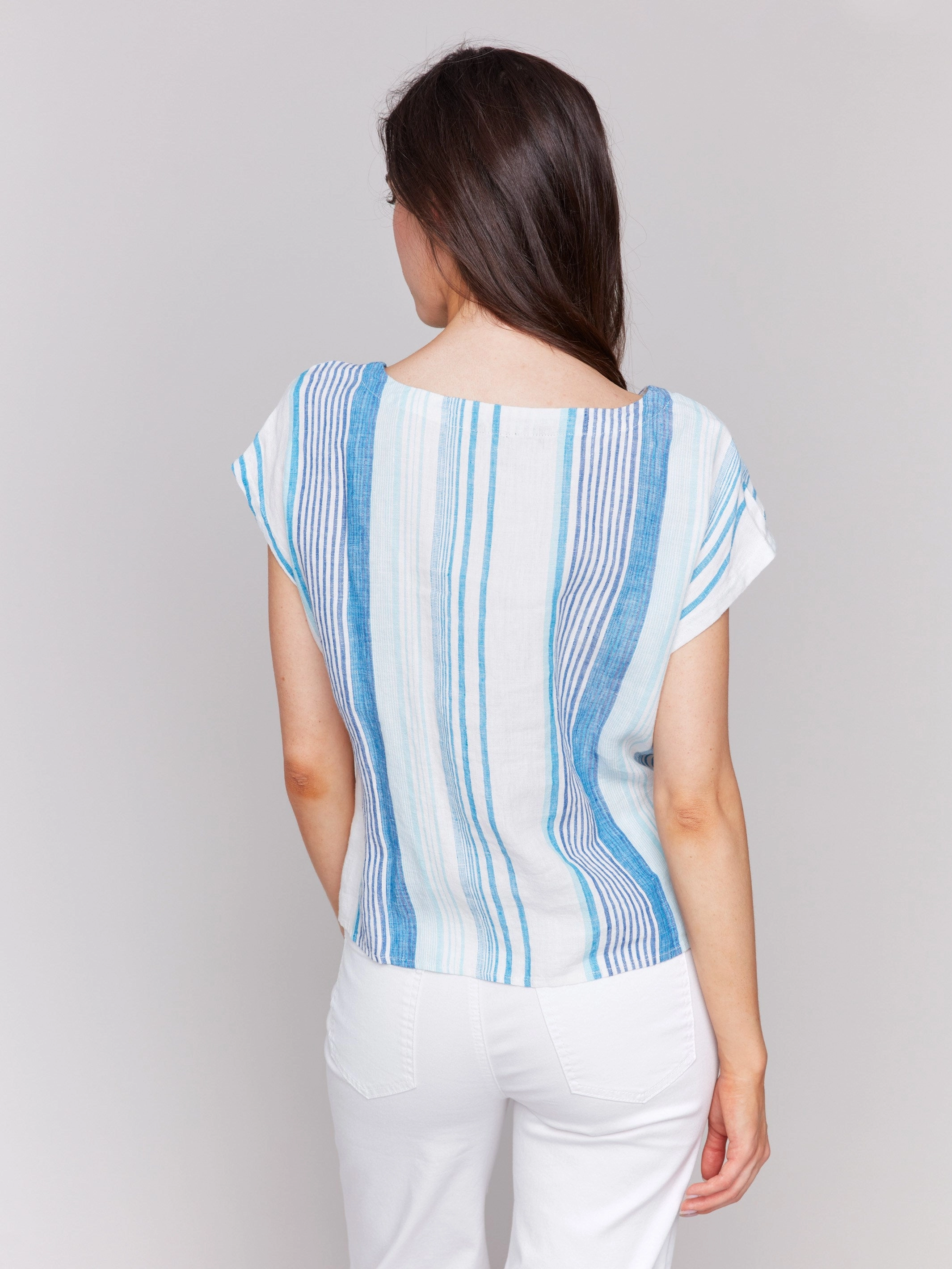 Striped Linen Blend Tie-Front Blouse - Coastal Work From Home Formal Elegance