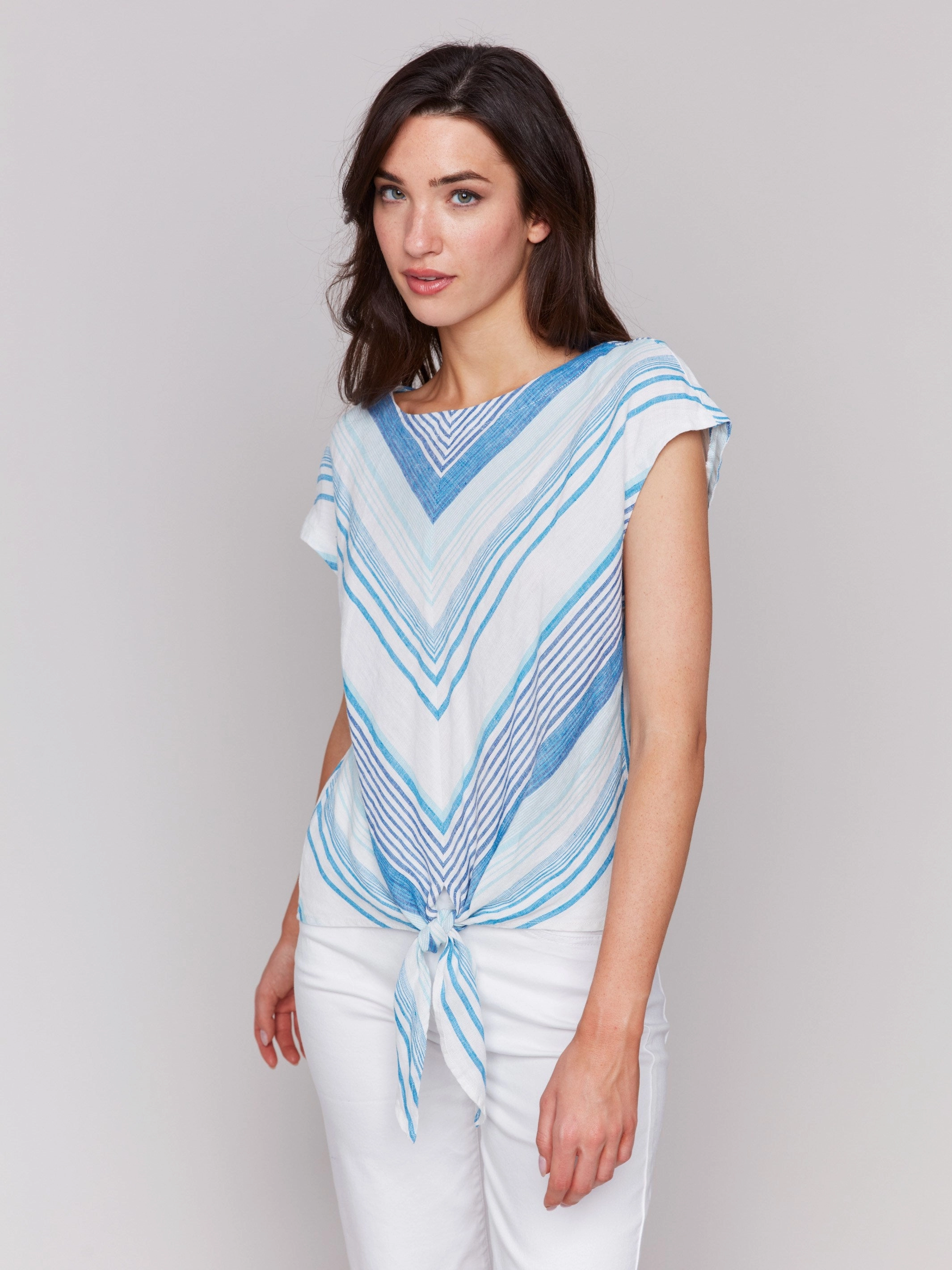 Striped Linen Blend Tie-Front Blouse - Coastal Asymmetrical Cut Seamless Shoulder Construction
