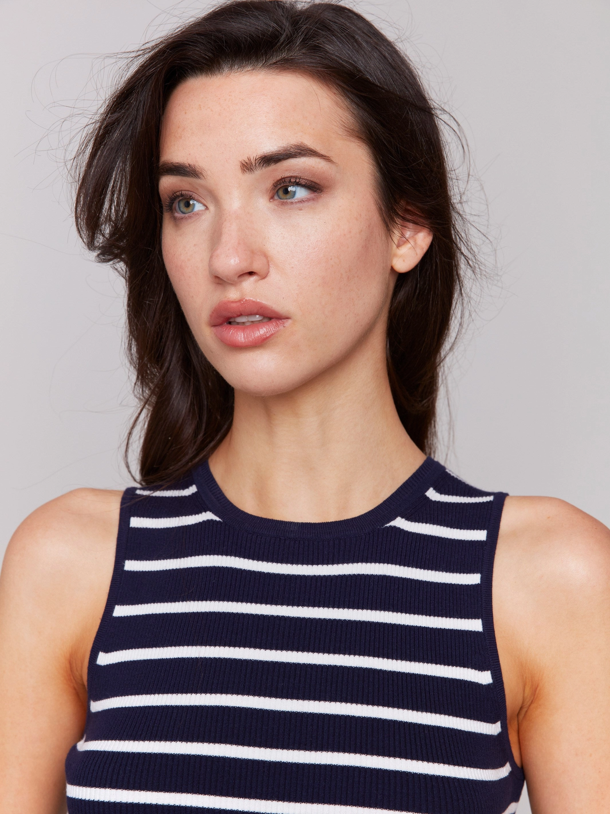 Striped Rib Knit Sleeveless Top - Navy Comfy Stretch Design