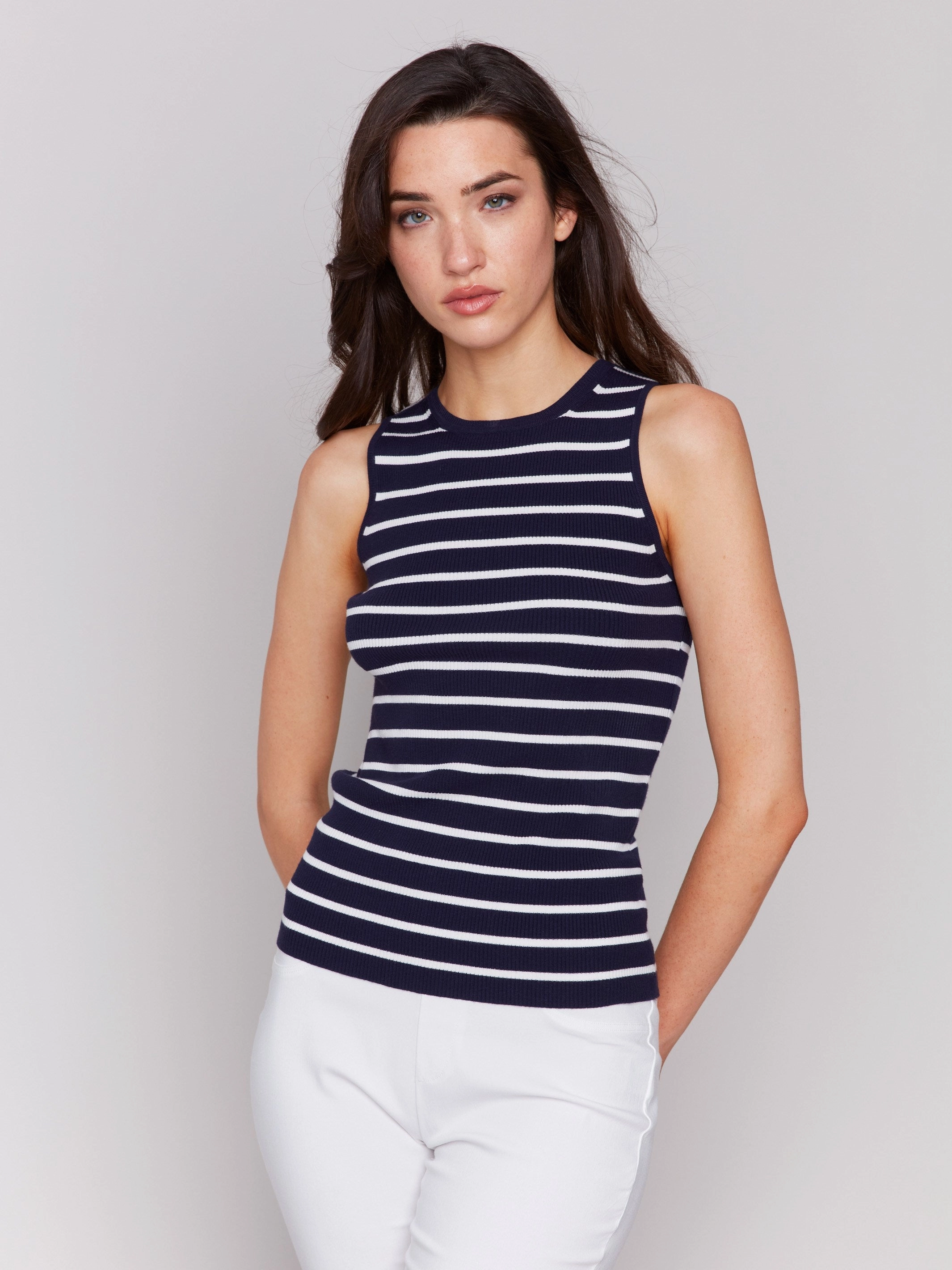 Timeless Comfort Striped Rib Knit Sleeveless Top - Navy