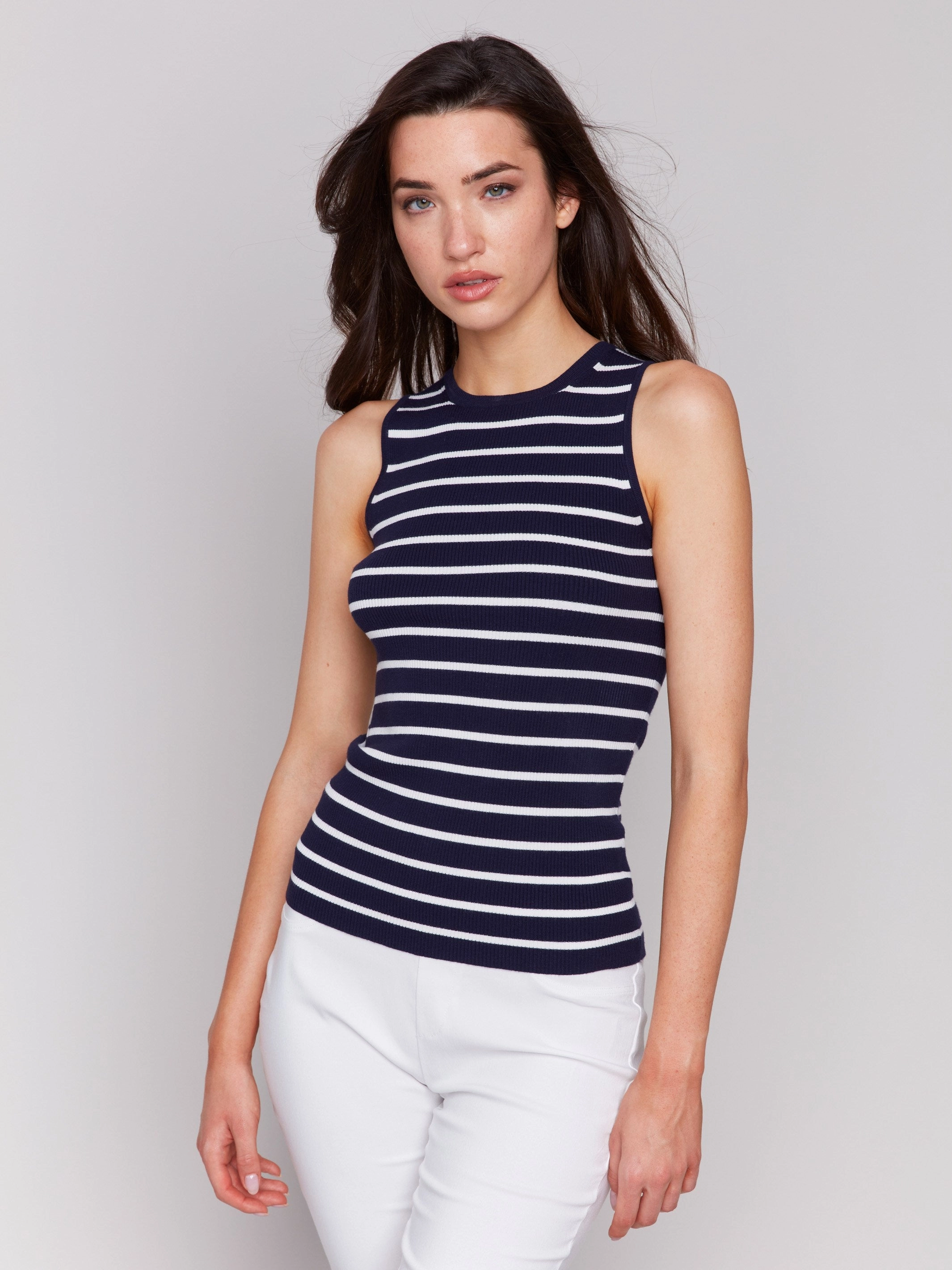 Striped Rib Knit Sleeveless Top - Navy Simple Look