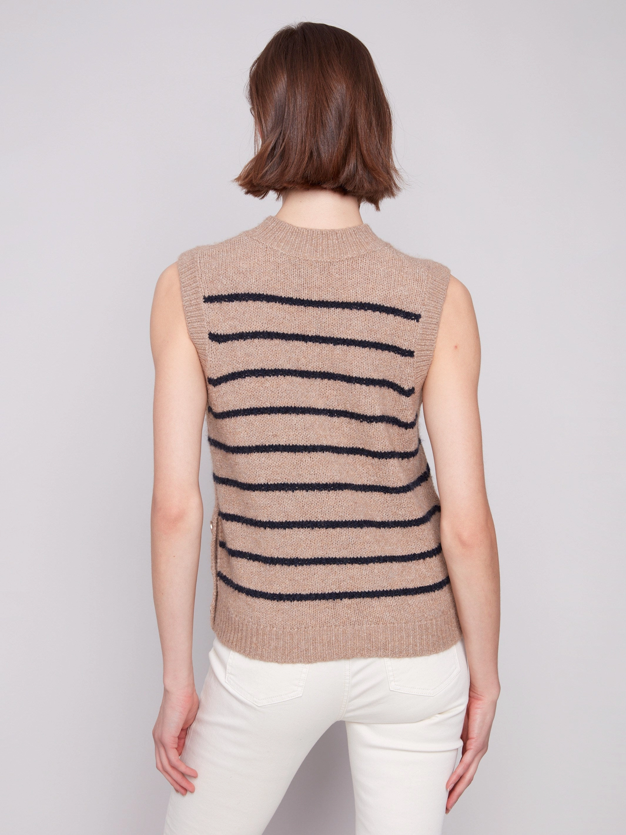 Knitted Fashion Trendy Layering Striped Sleeveless Sweater Vest - Heather Camel