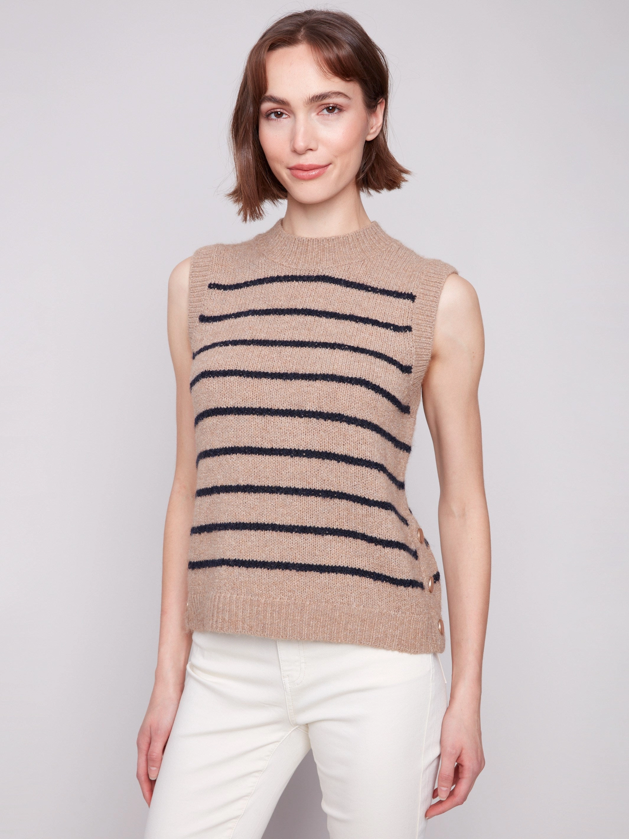 Striped Sleeveless Sweater Vest - Heather Camel Comfy Look