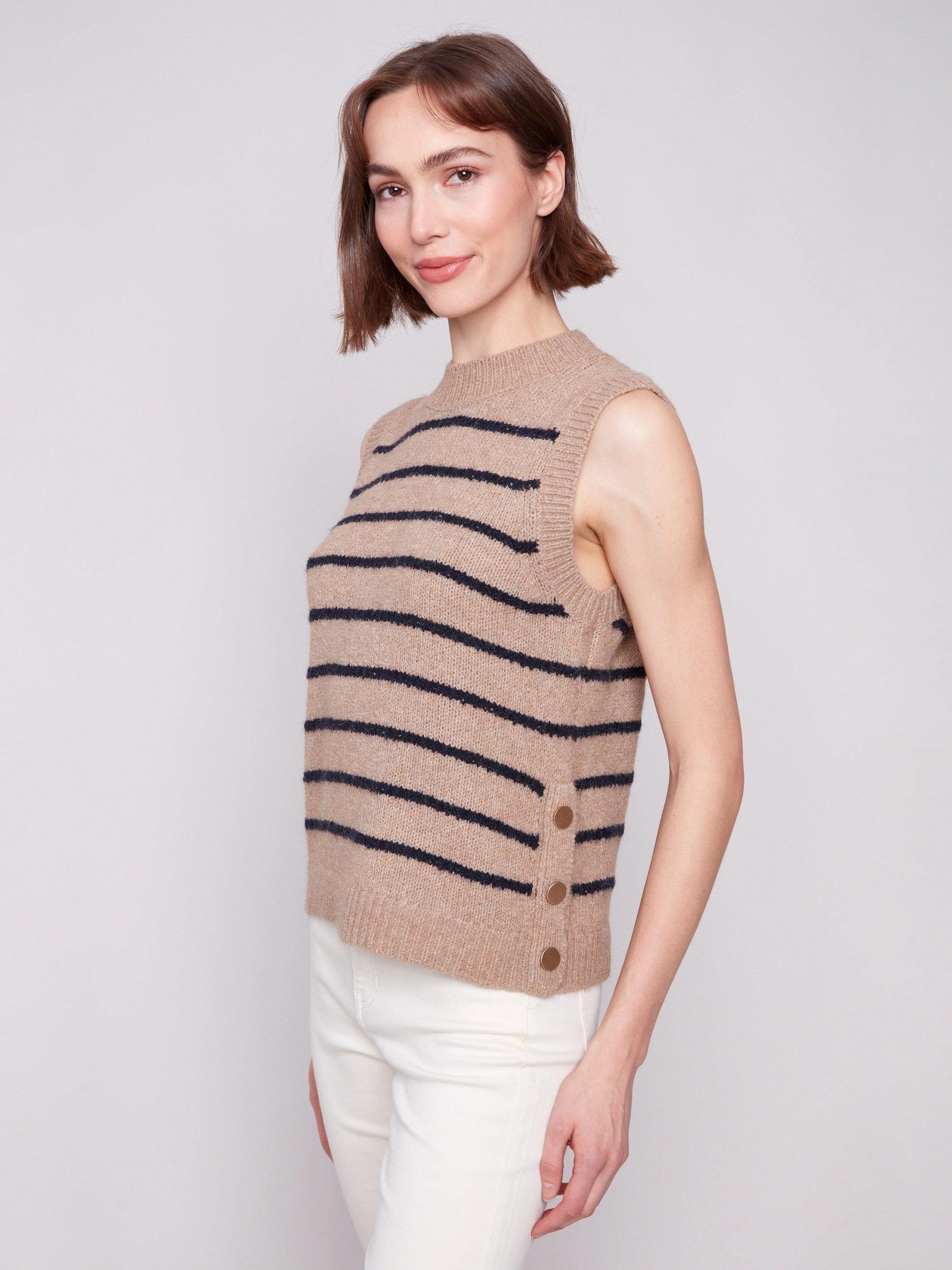 Striped Sleeveless Sweater Vest - Heather Camel Breathable Mesh Panels Luxury Fiber Blend