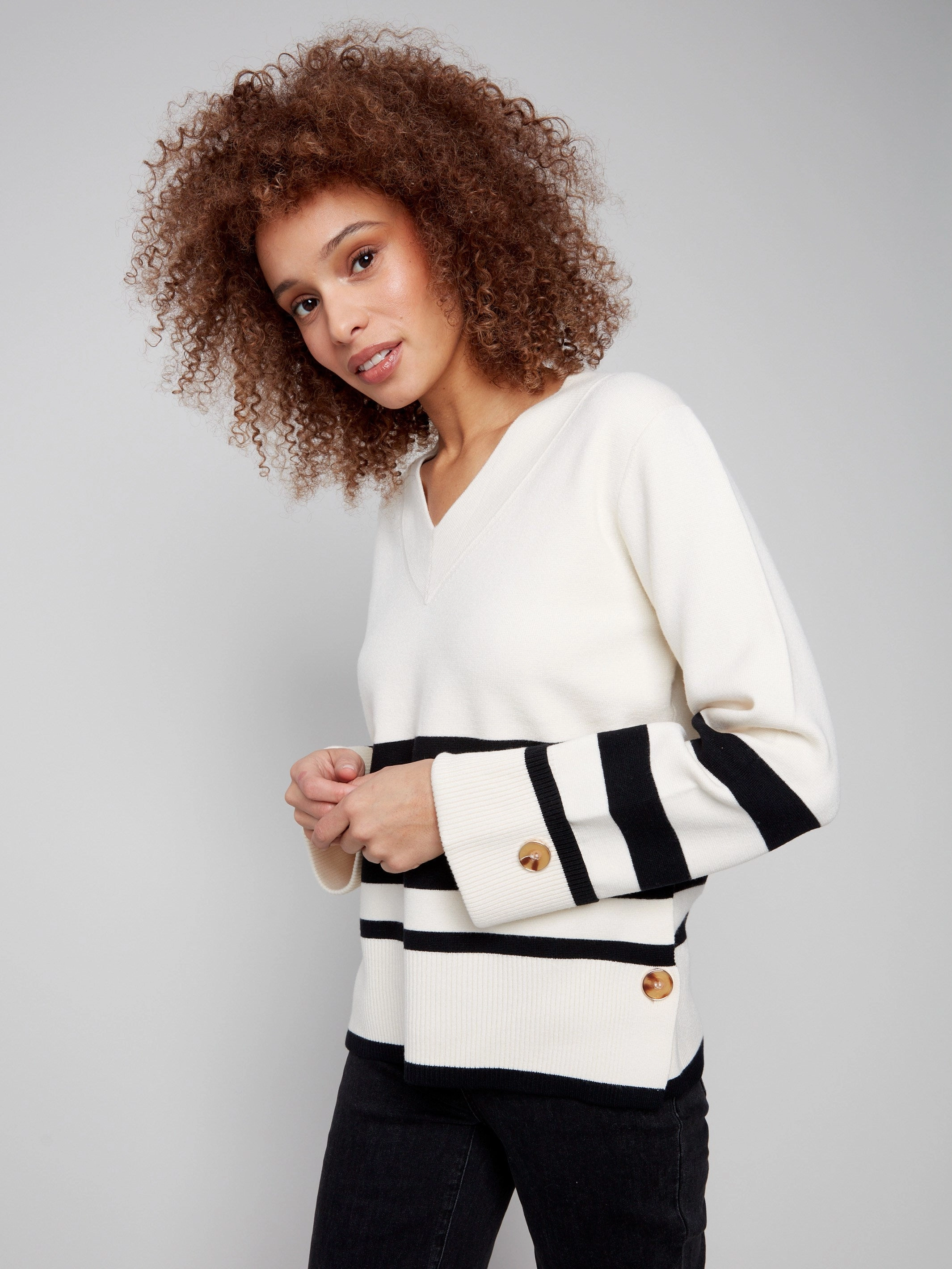 Striped Wide Cuff V-Neck Sweater With Side Buttons - Ecru Quick Dry Material