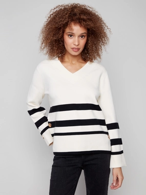 Striped Wide Cuff V-Neck Sweater With Side Buttons - Ecru Christmas Female design