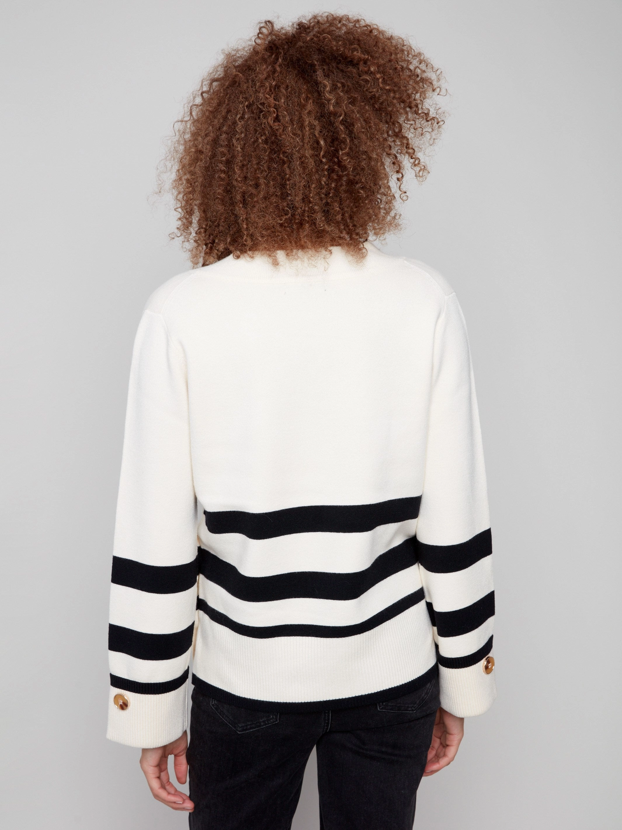 Striped Wide Cuff V-Neck Sweater With Side Buttons - Ecru Workplace Use Autumn