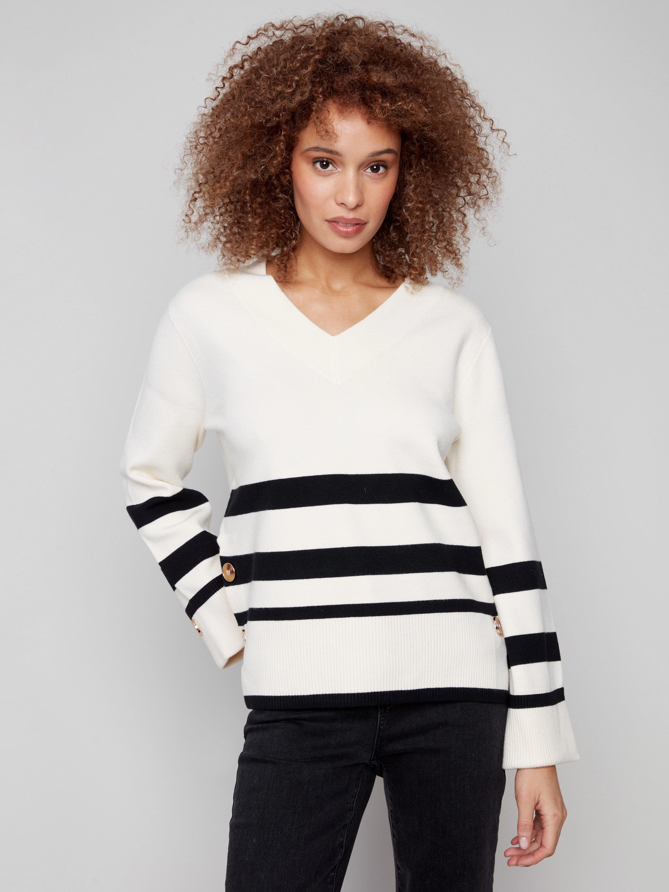 Striped Wide Cuff V-Neck Sweater With Side Buttons - Ecru Christmas Female design