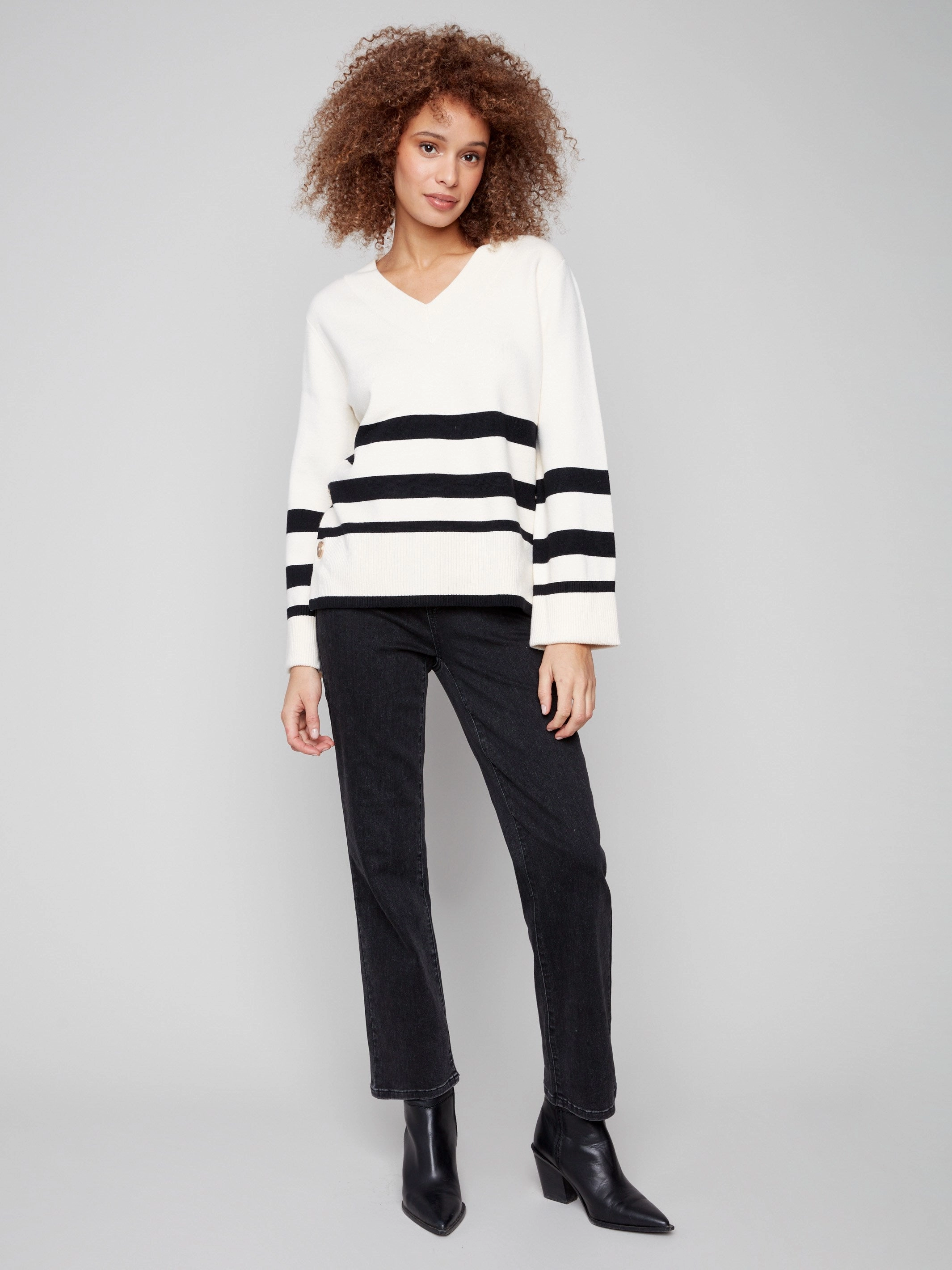 Allergy free Luxury Striped Wide Cuff V-Neck Sweater With Side Buttons - Ecru