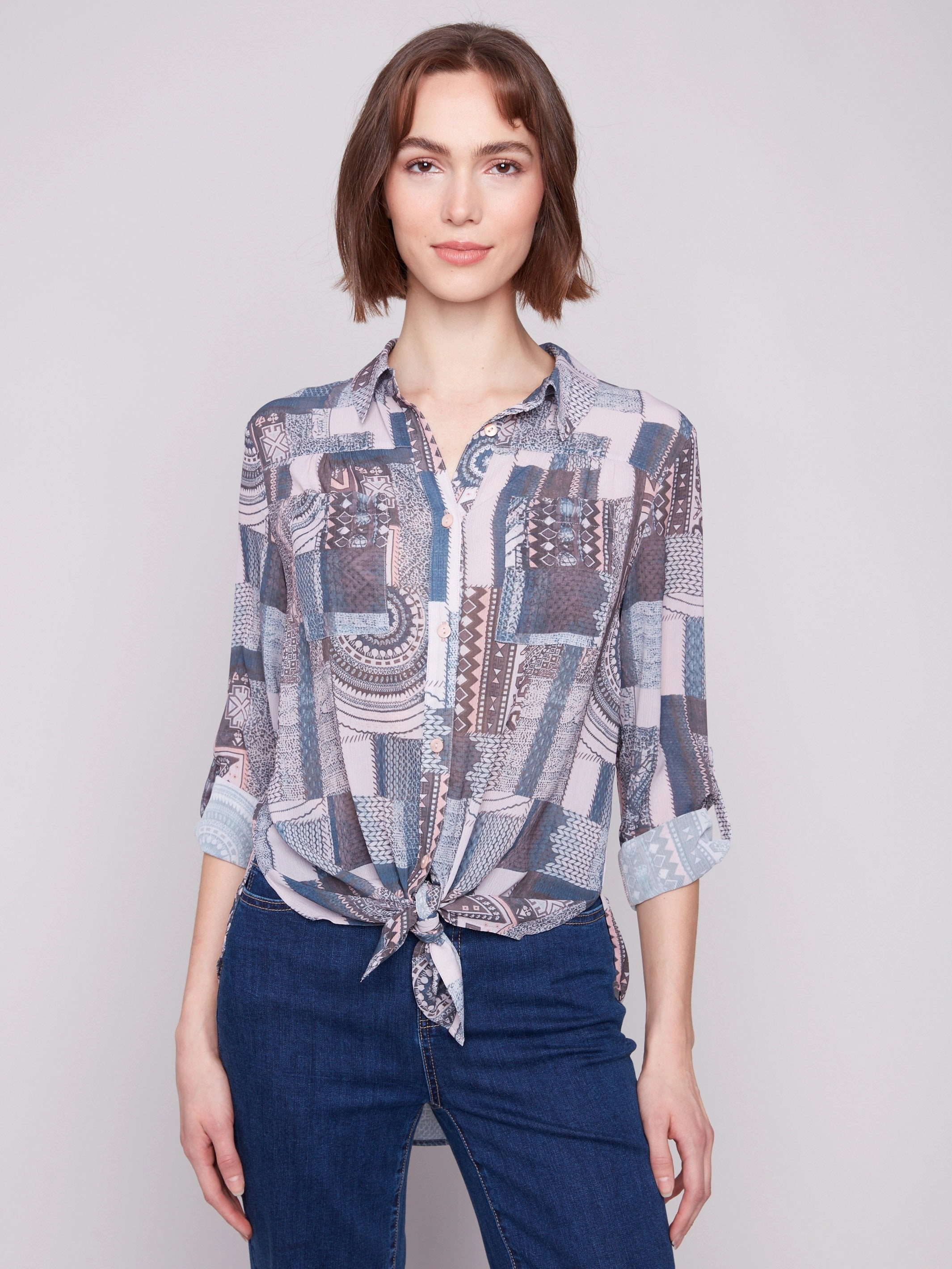 Printed Button-Up Blouse - Patchwork polka dotted