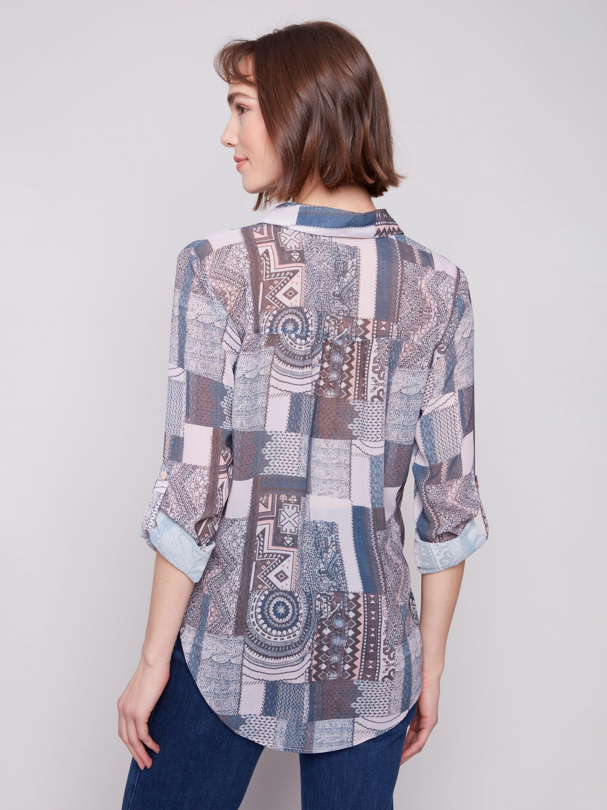Printed Button-Up Blouse - Patchwork bag Home Relaxation