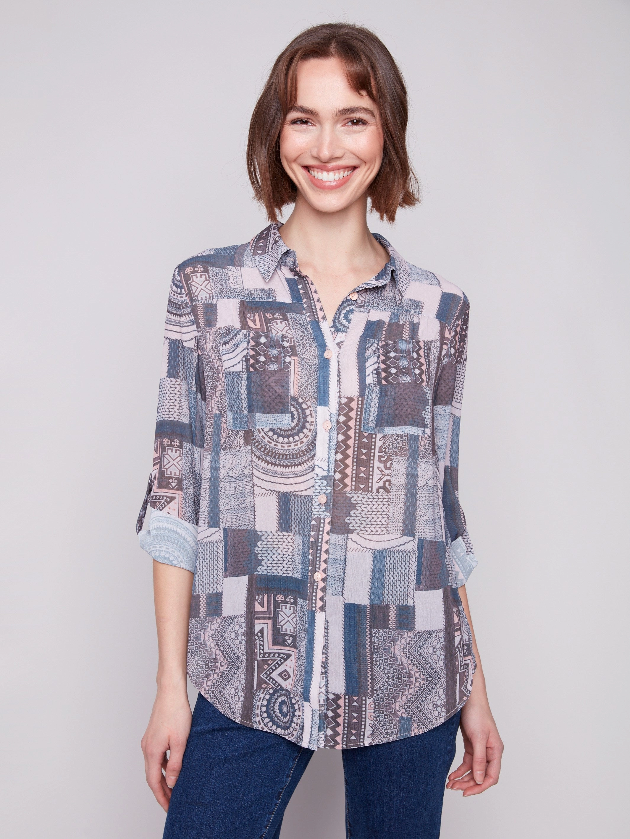 Machine - made Blanket Printed Button-Up Blouse - Patchwork