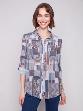 Machine - made Blanket Printed Button-Up Blouse - Patchwork