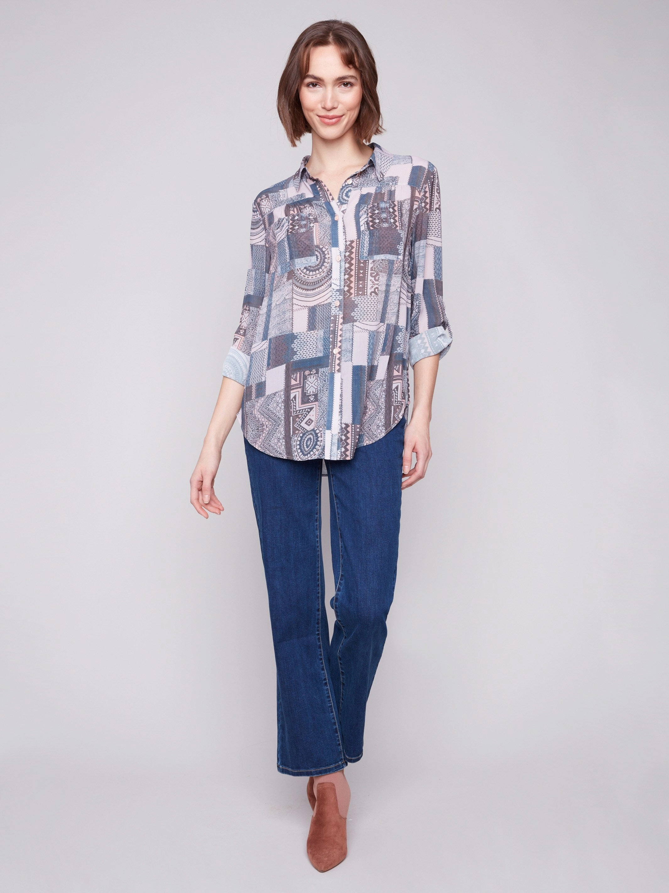 Style - conscious festival Printed Button-Up Blouse - Patchwork