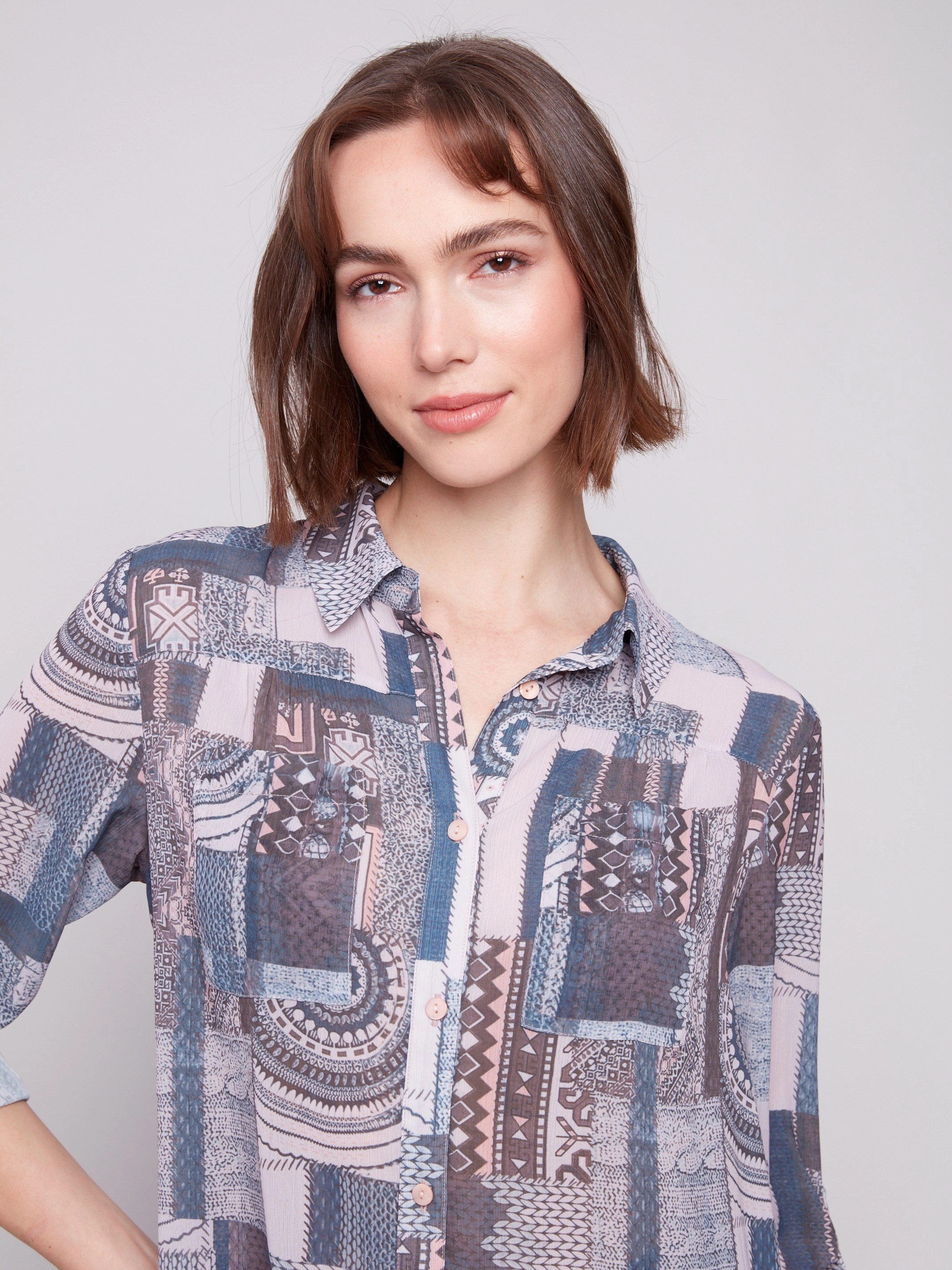 Printed Button-Up Blouse - Patchwork Homemaker