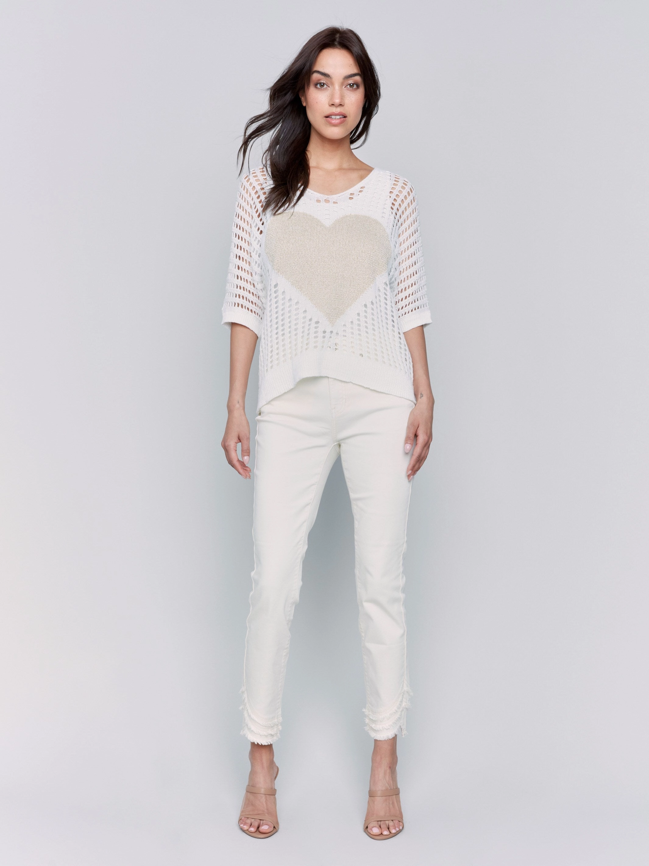 Fishnet V-Neck Sweater with Gold Heart - White Casual Essentials Soft Touch Comfort