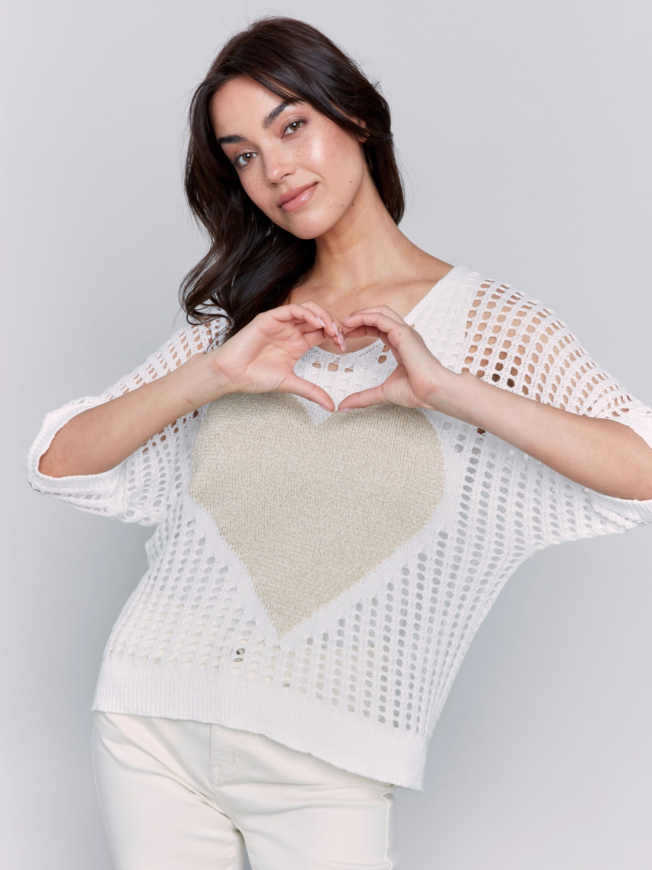Timeless Knit Cozy Comfort Wear Fishnet V-Neck Sweater with Gold Heart - White