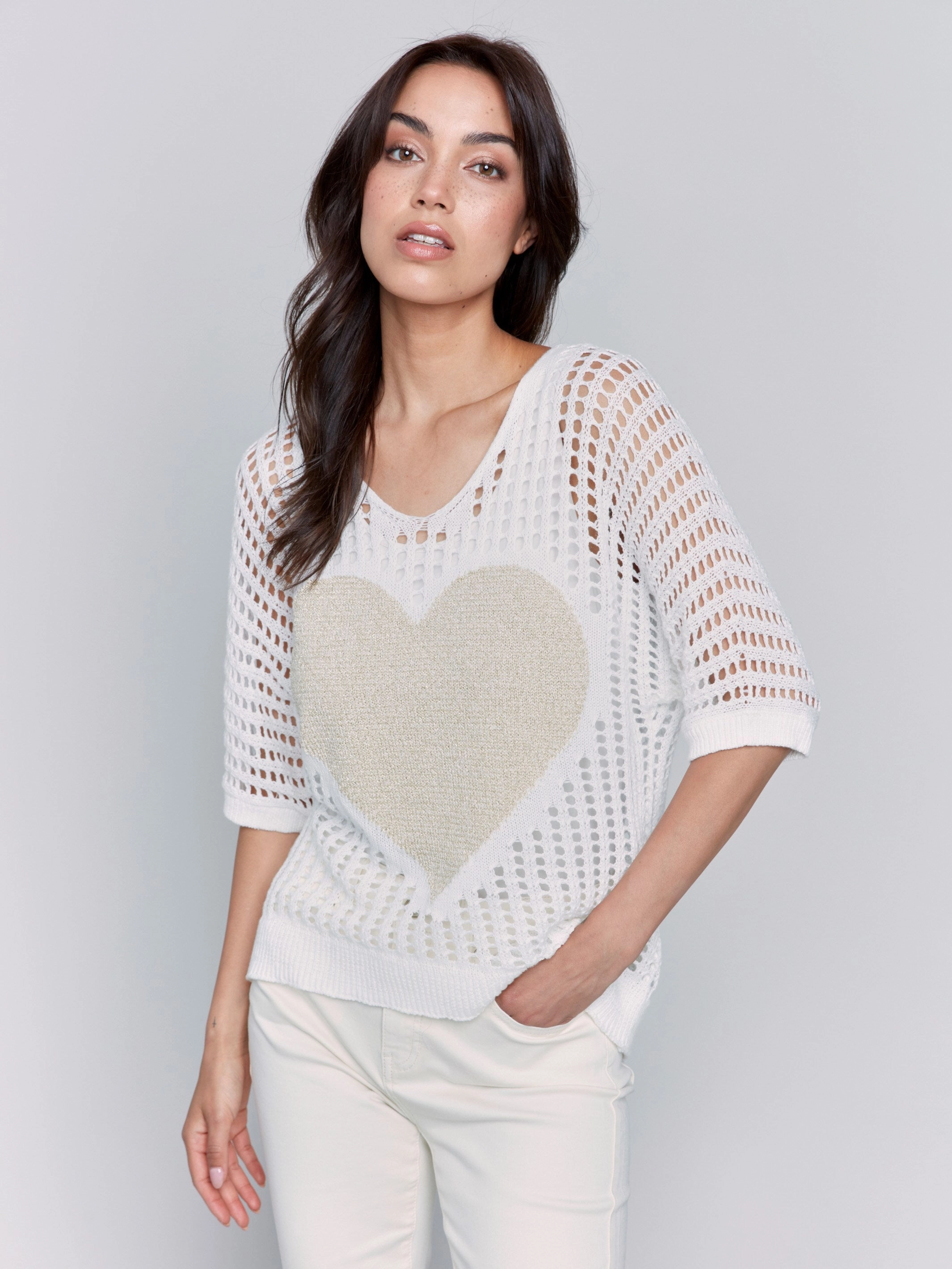 Fishnet V-Neck Sweater with Gold Heart - White Stretchable Design