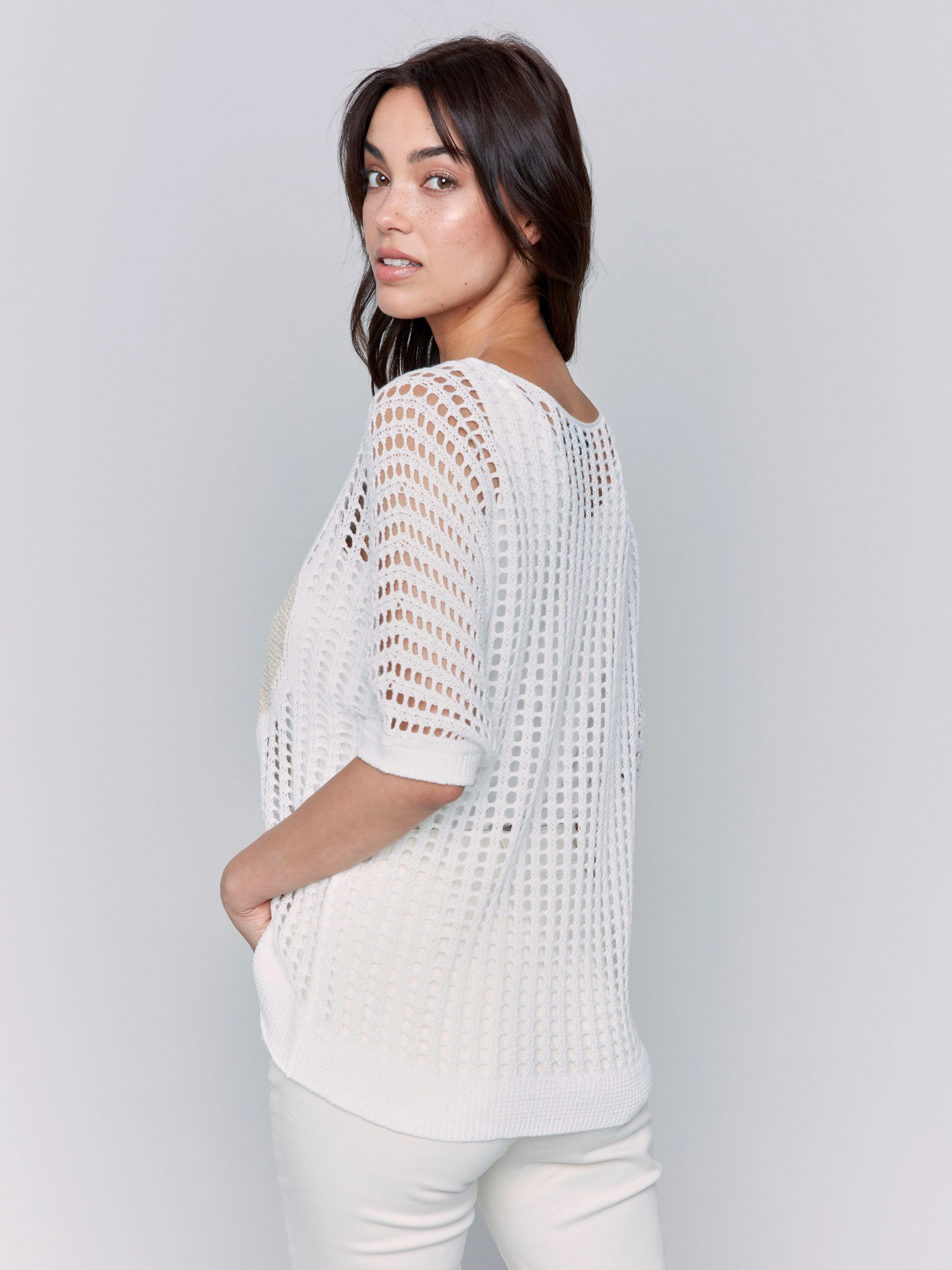 Fishnet V-Neck Sweater with Gold Heart - White Cold Day Ready