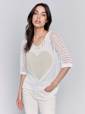 Fishnet V-Neck Sweater with Gold Heart - White Stretchable Design