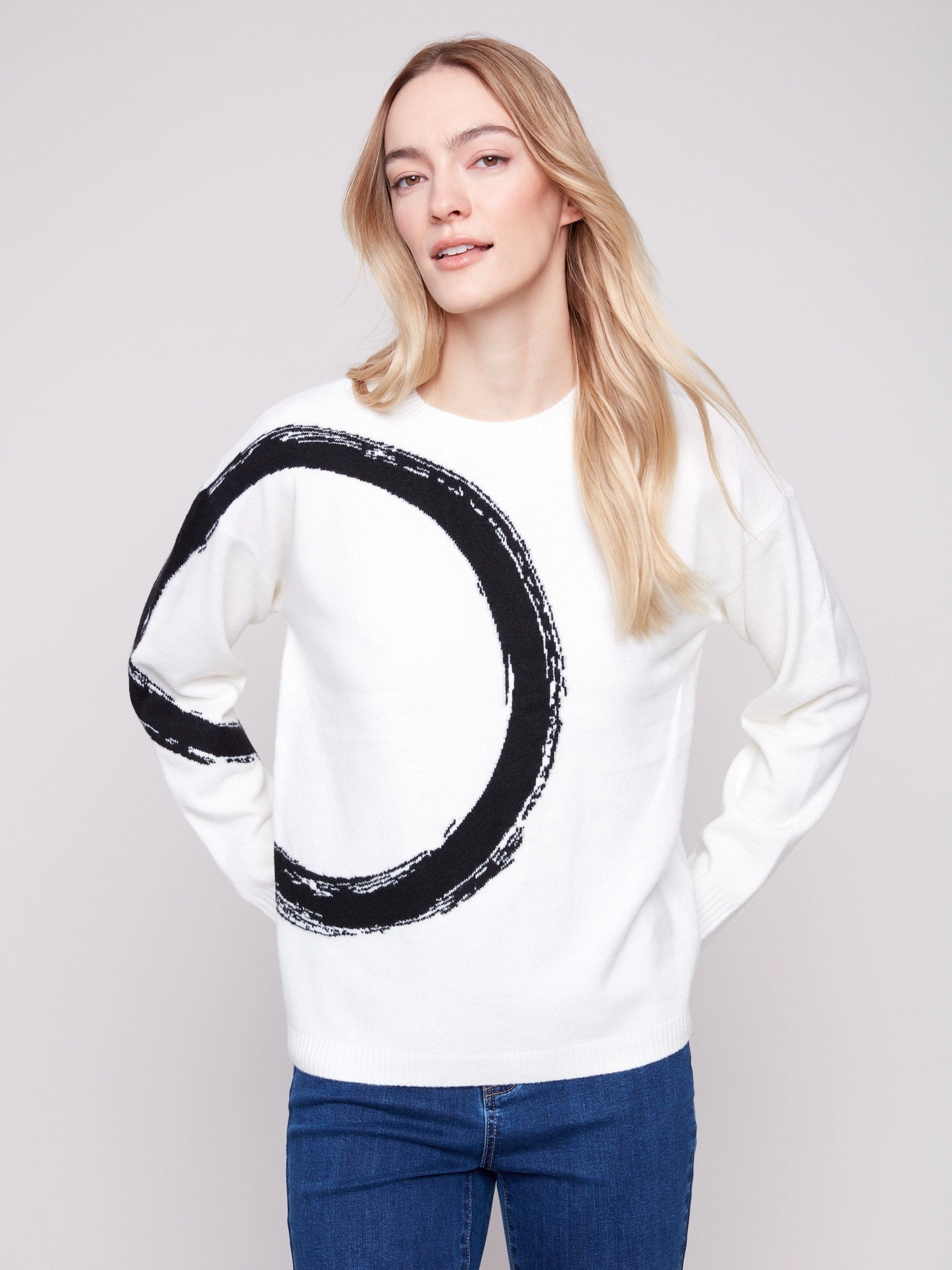 Placed Jacquard Crew Neck Sweater - Ecru Party