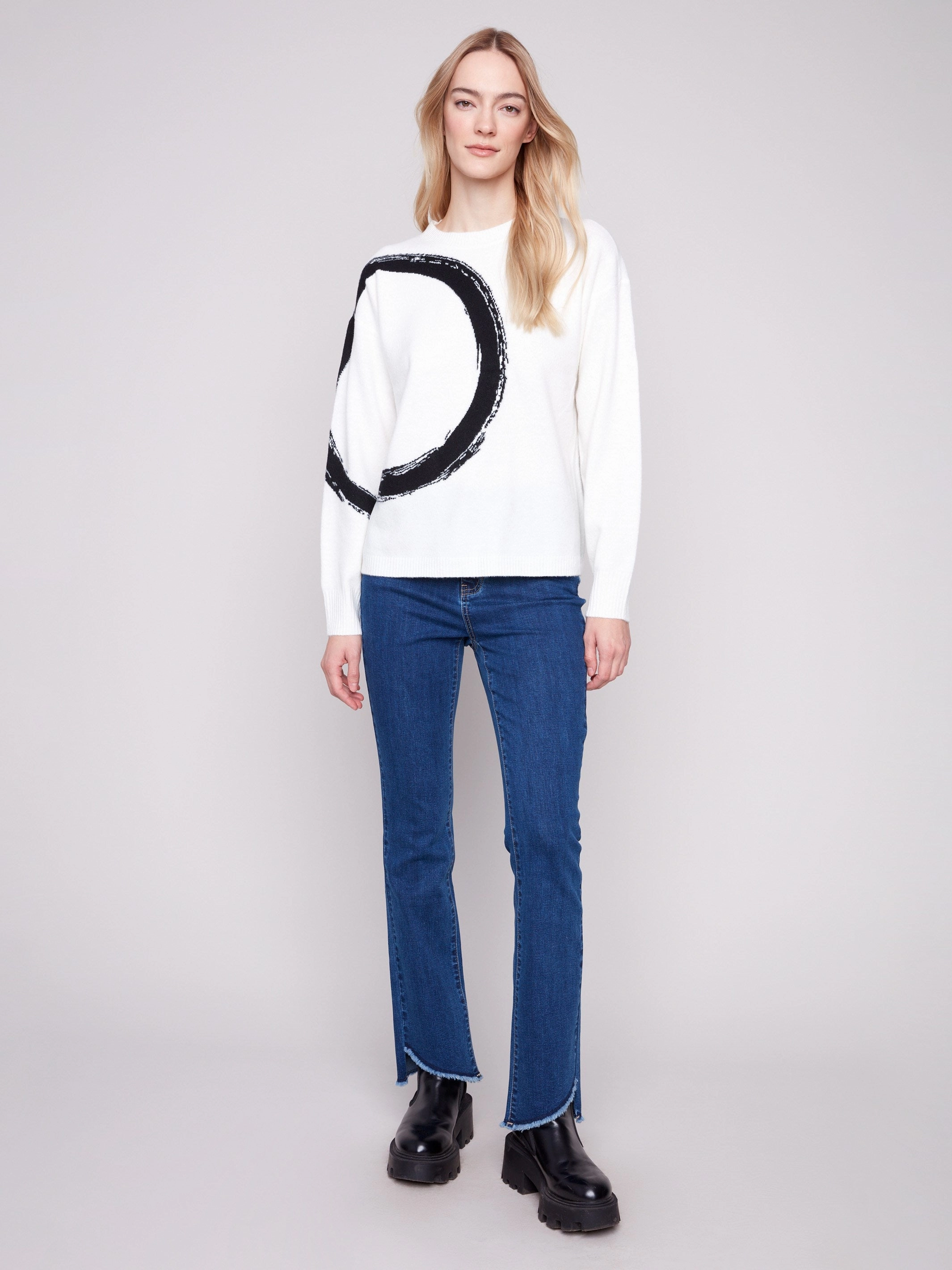 Placed Jacquard Crew Neck Sweater - Ecru Meeting Winter - wear